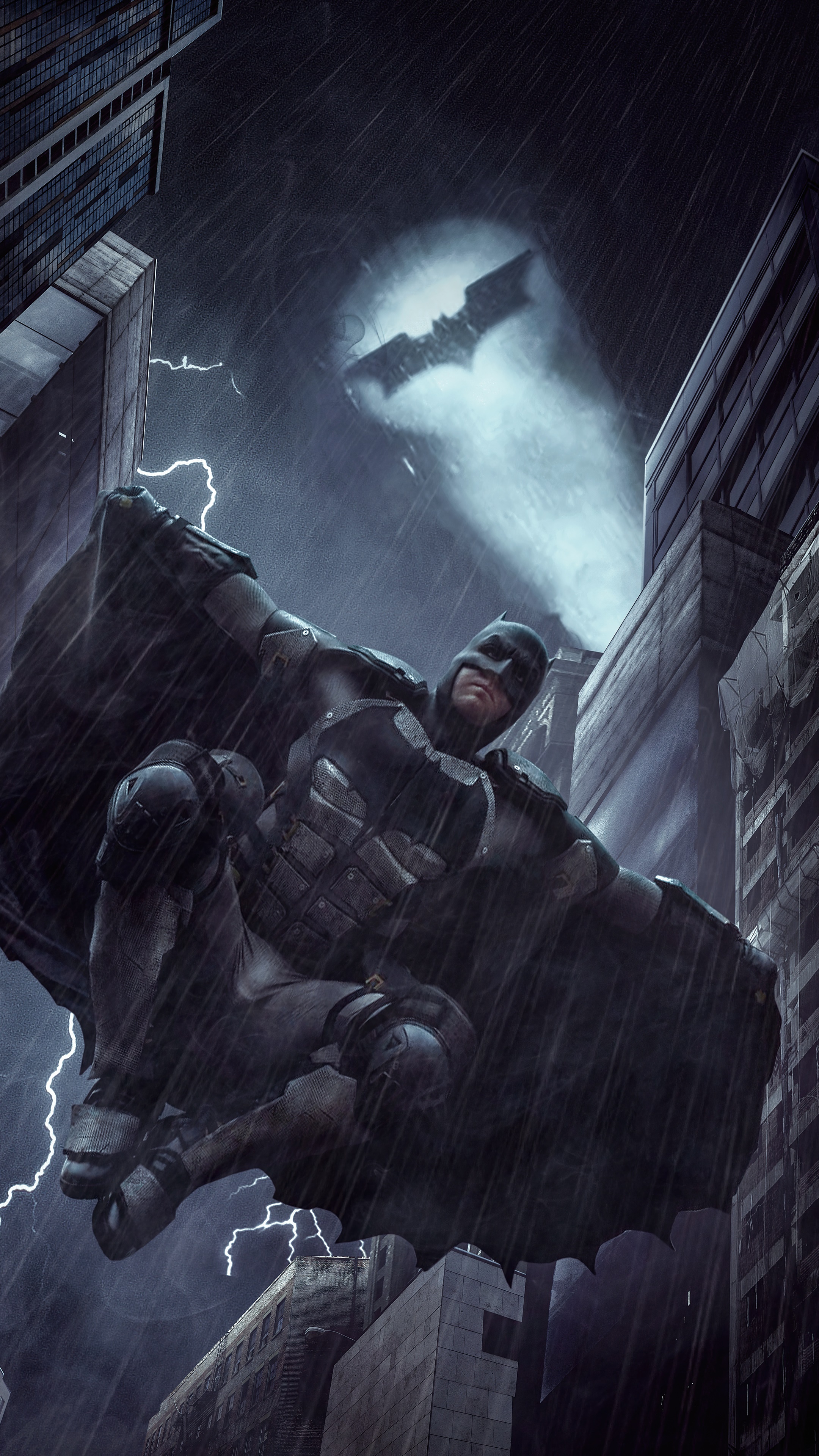 Batman in a dark, rainy city with bat-signal HD Phone Wallpaper