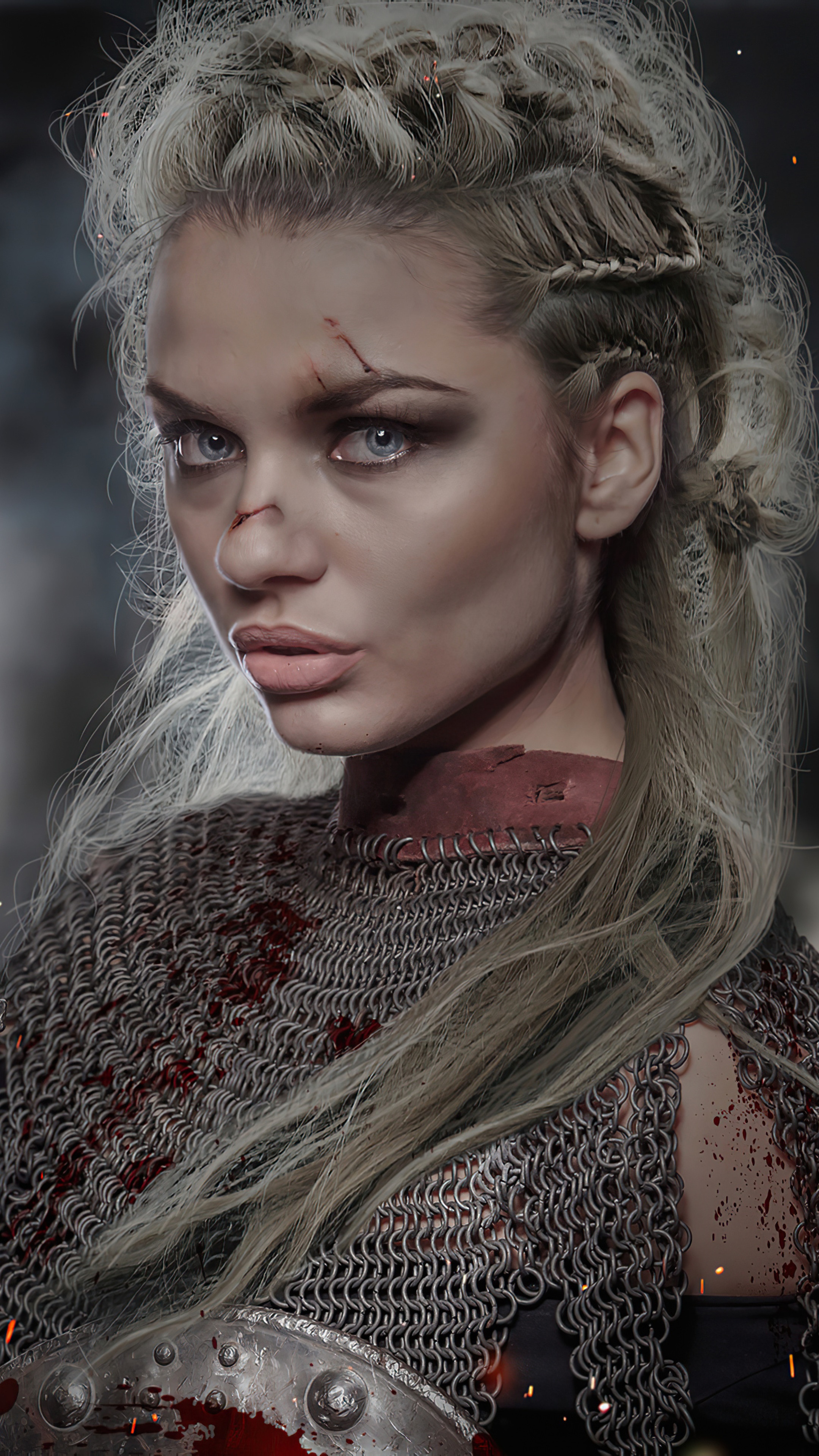 Viking warrior woman with chainmail and blood HD Phone Wallpaper