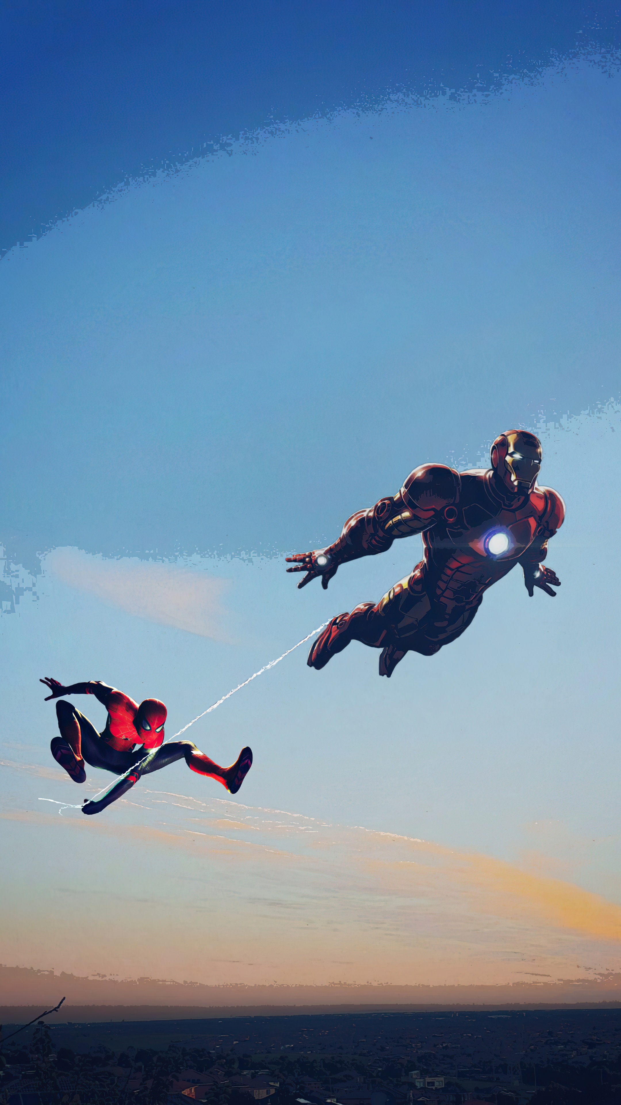 Iron Man and Spider-Man flying in the sky HD Phone Wallpaper
