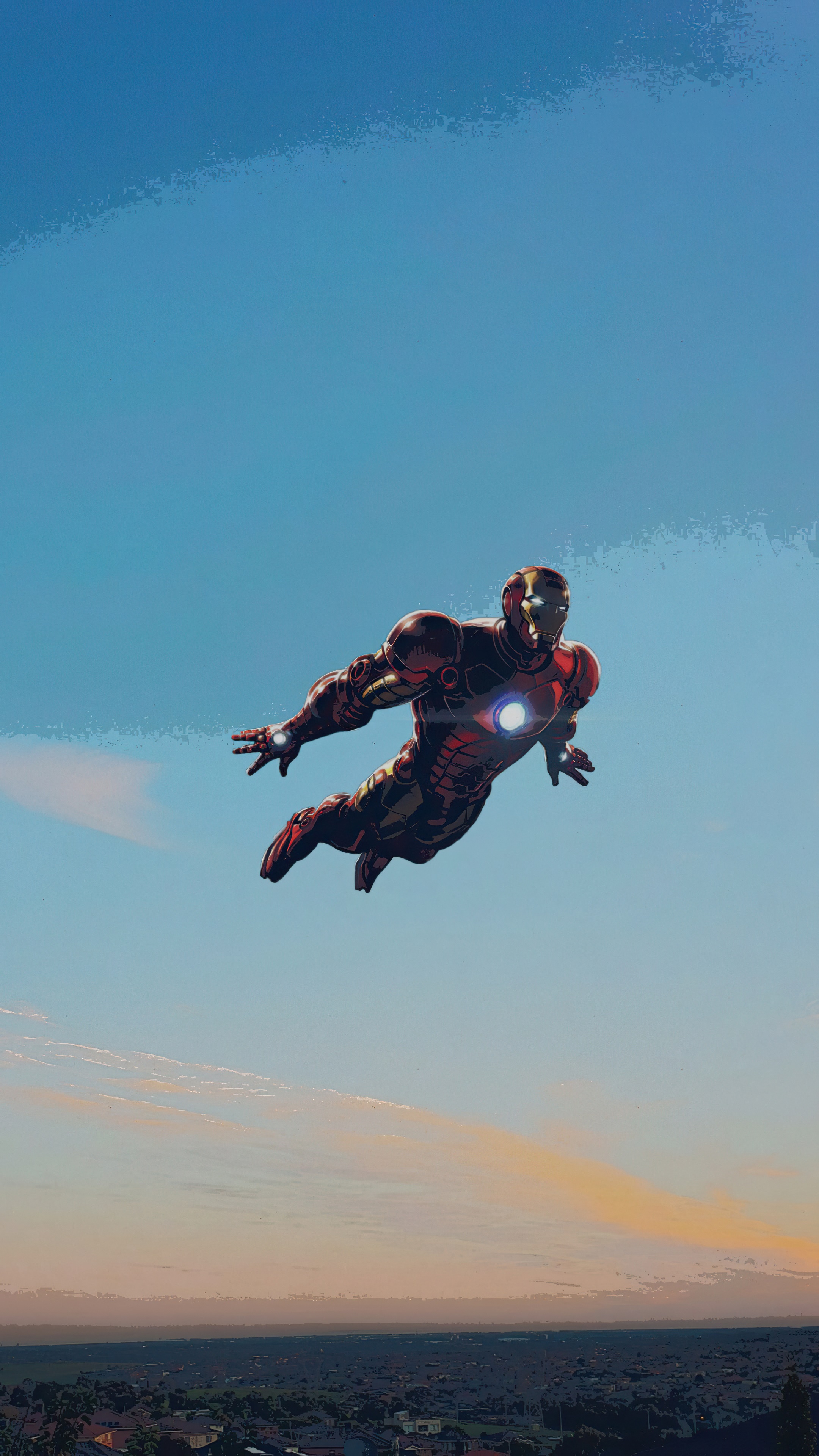 Iron Man flying in the sky over a city HD Phone Wallpaper