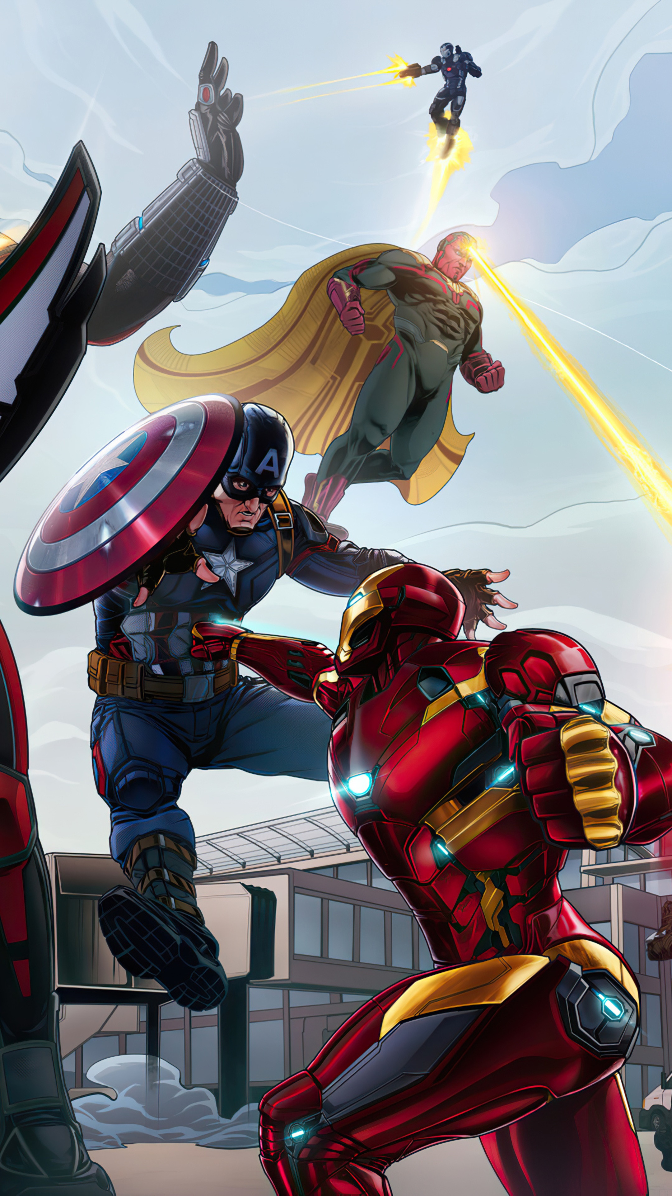 Captain America and Iron Man fighting, with Vision and War Machine HD Phone Wallpaper