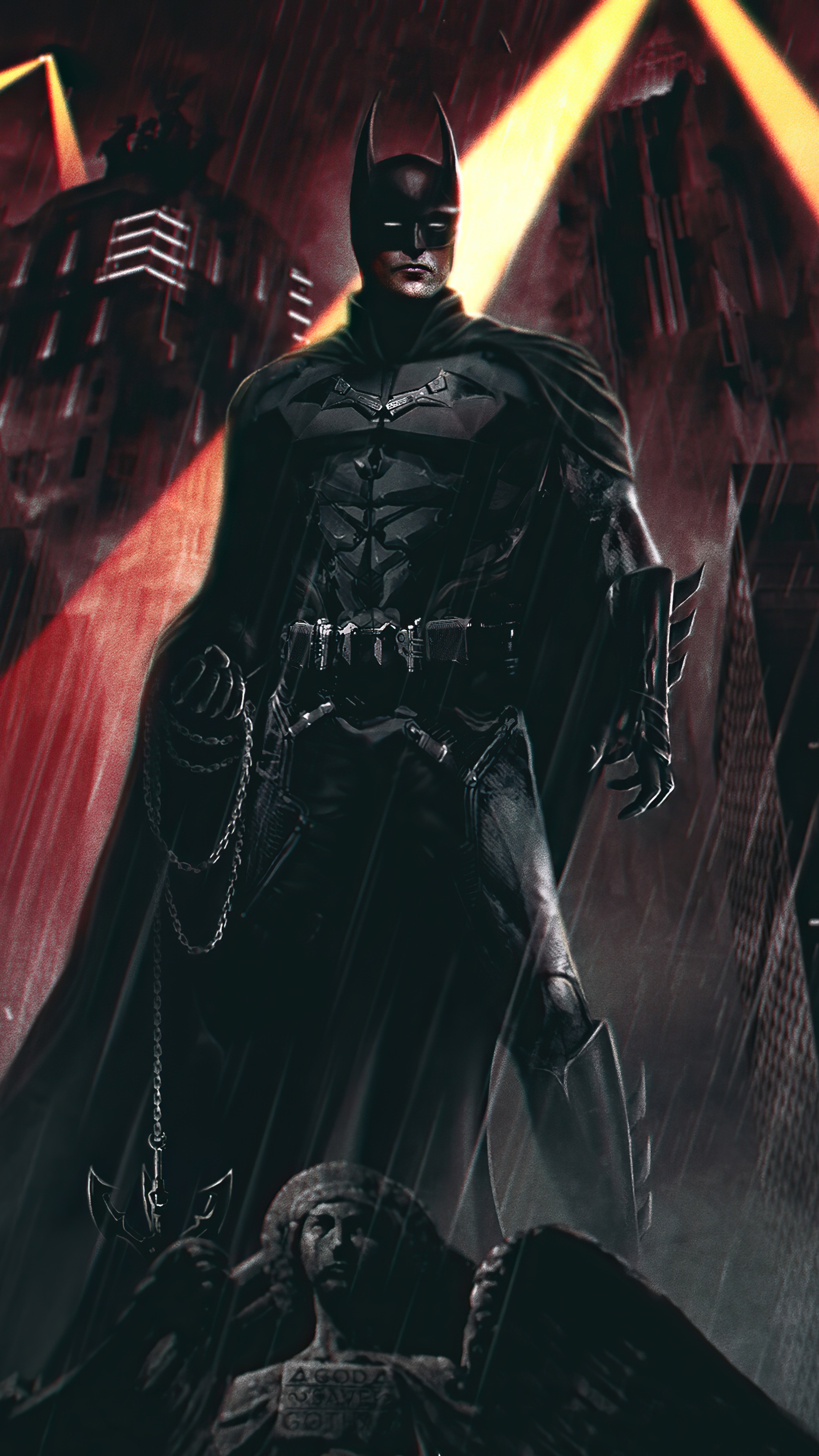 Batman in a dark city with red lights HD Phone Wallpaper