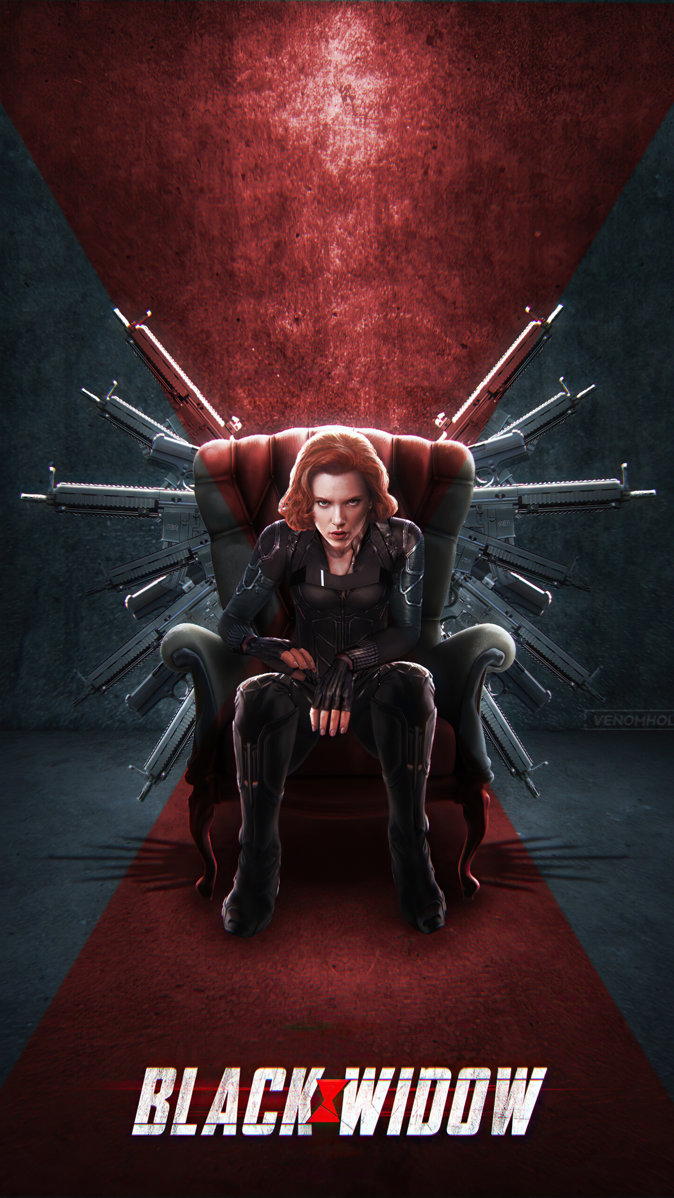 Black Widow sitting on a throne with guns HD Phone Wallpaper