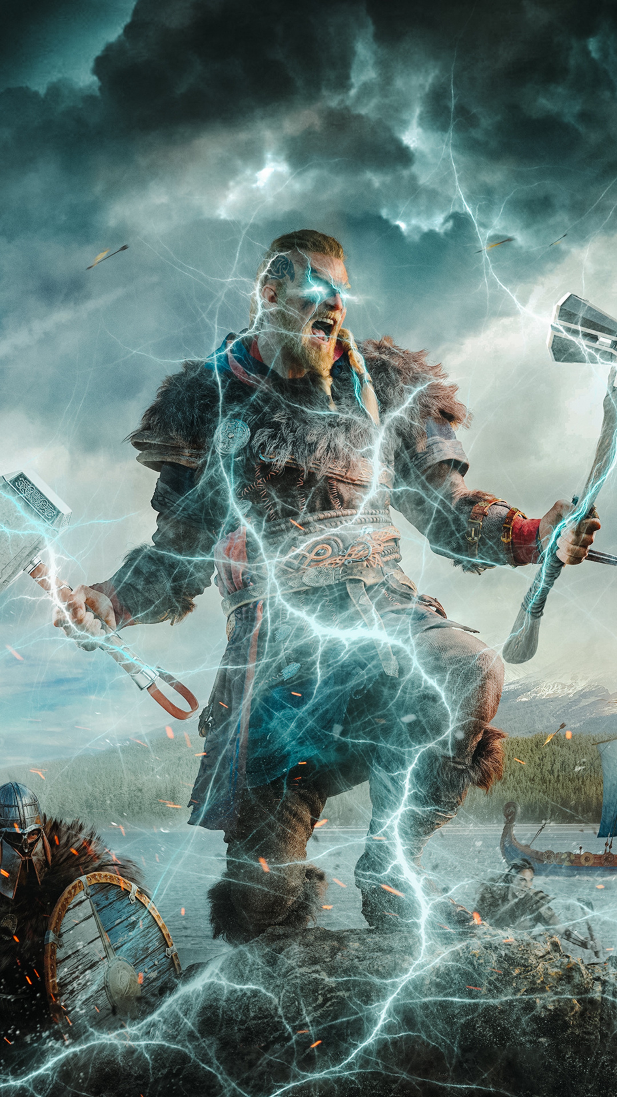 Eivor from Assassin's Creed Valhalla wielding lightning HD Phone Wallpaper