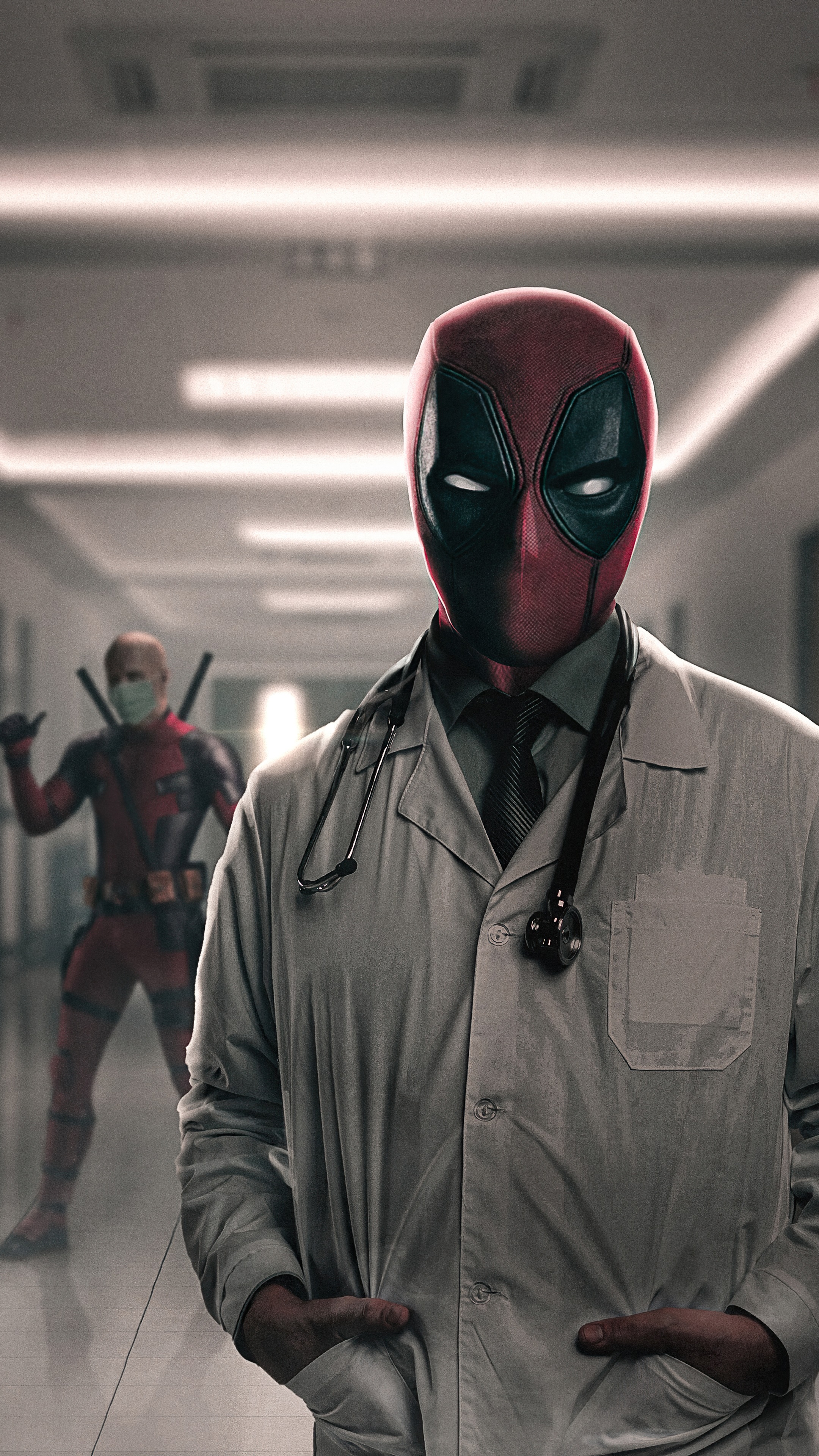 Deadpool as a doctor in a hospital hallway HD Phone Wallpaper