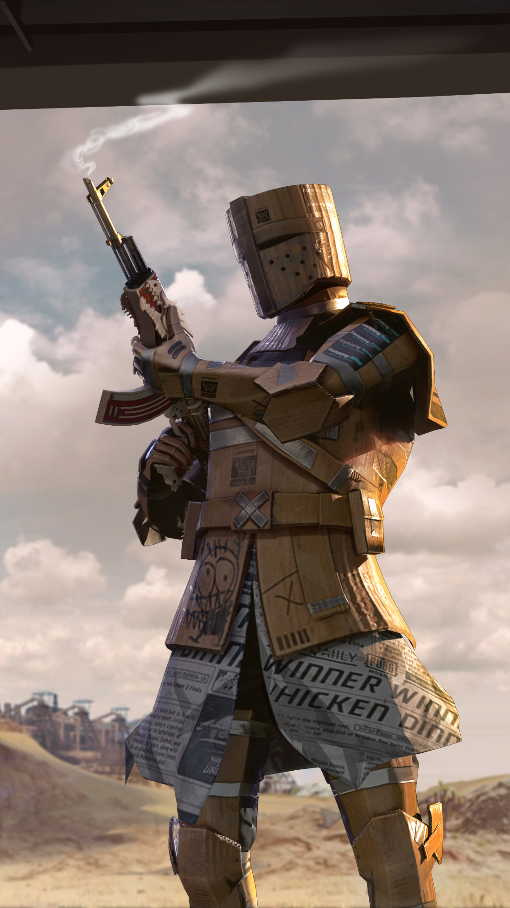 PlayerUnknown's Battlegrounds character in cardboard armor holding a rifle HD Phone Wallpaper