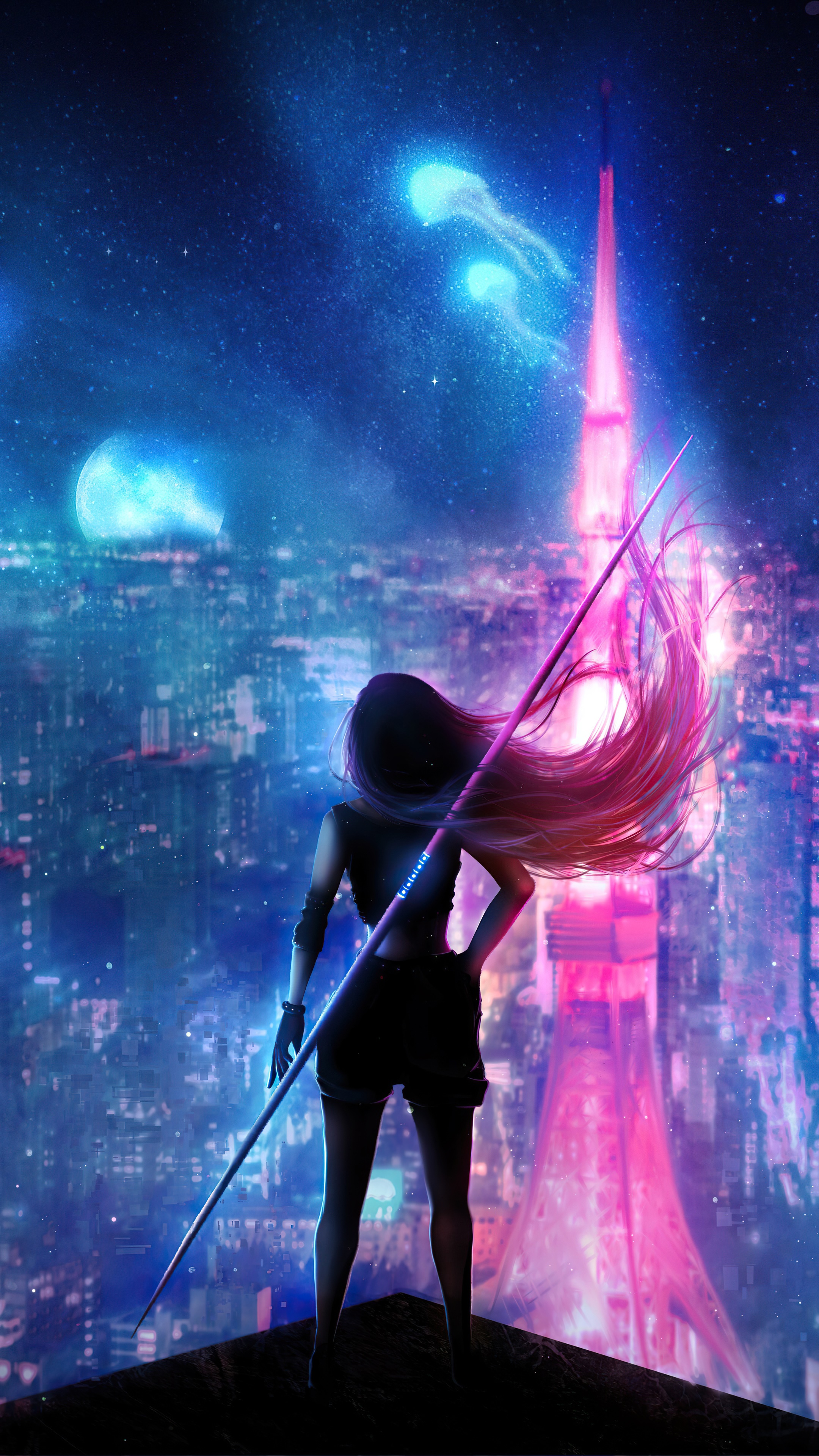 Cyberpunk girl with spear overlooking neon city 4K HD Phone Wallpaper
