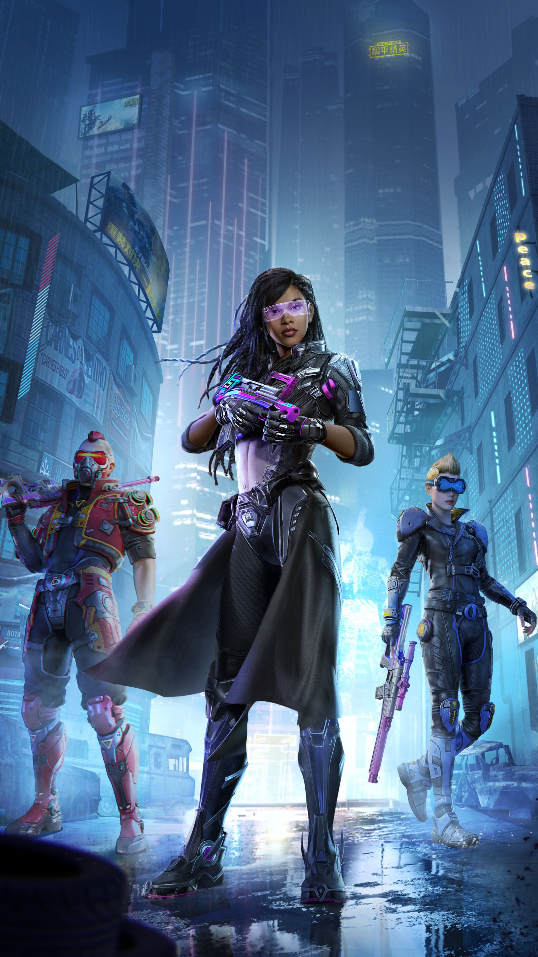 Three futuristic soldiers with guns in a city HD Phone Wallpaper