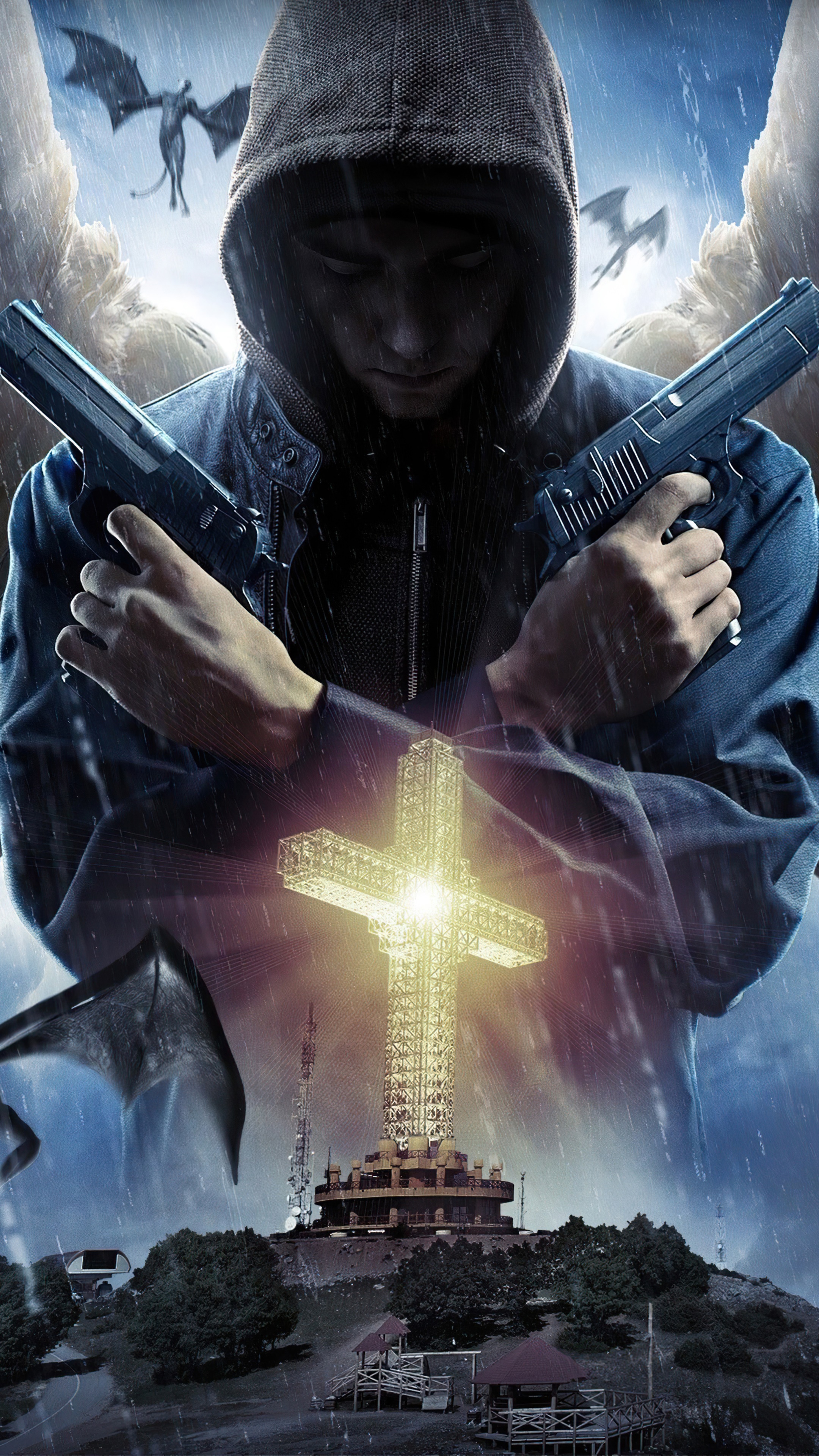 Man with guns and dragons HD Phone Wallpaper