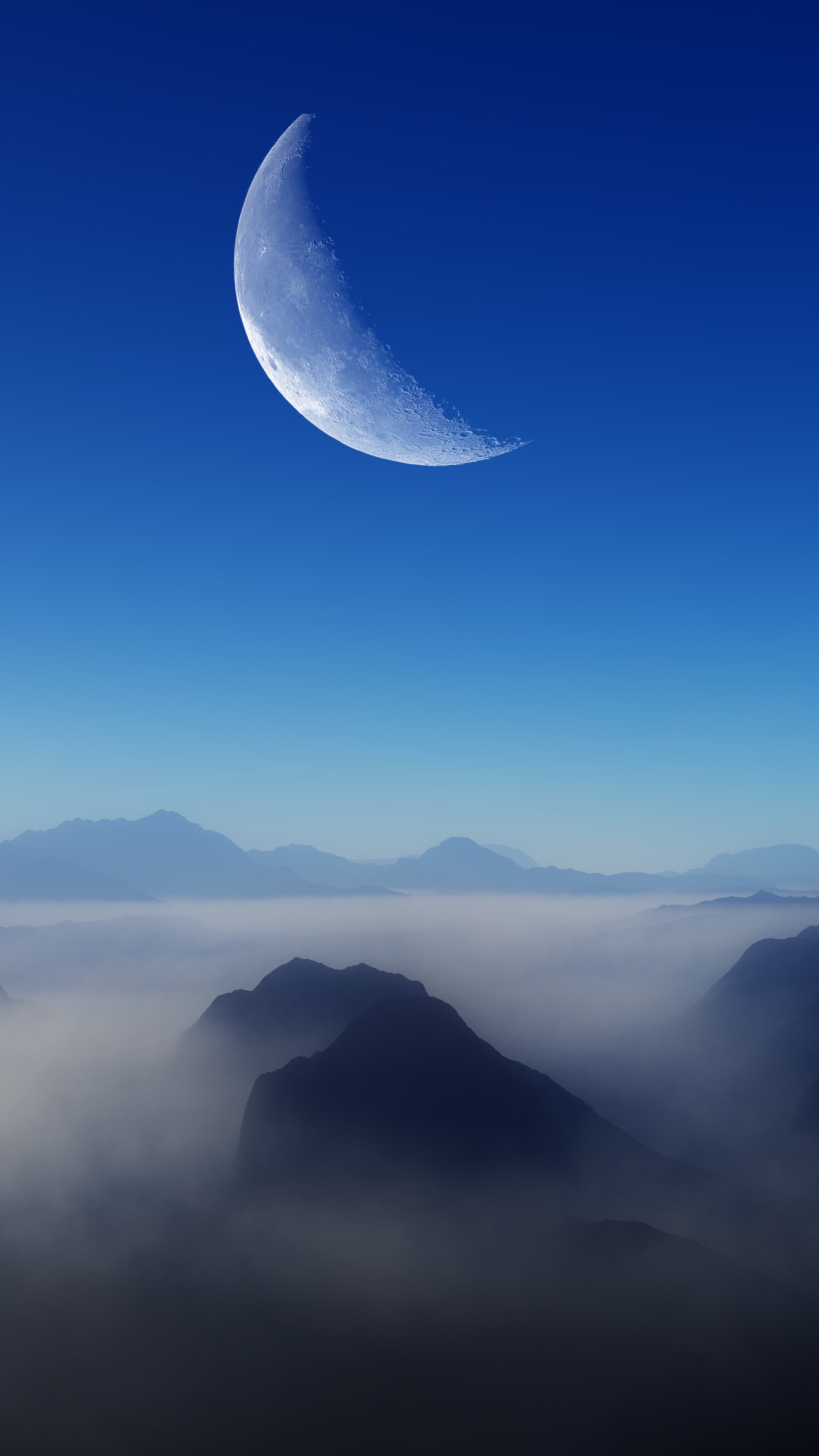 Crescent moon over misty mountains HD Phone Wallpaper