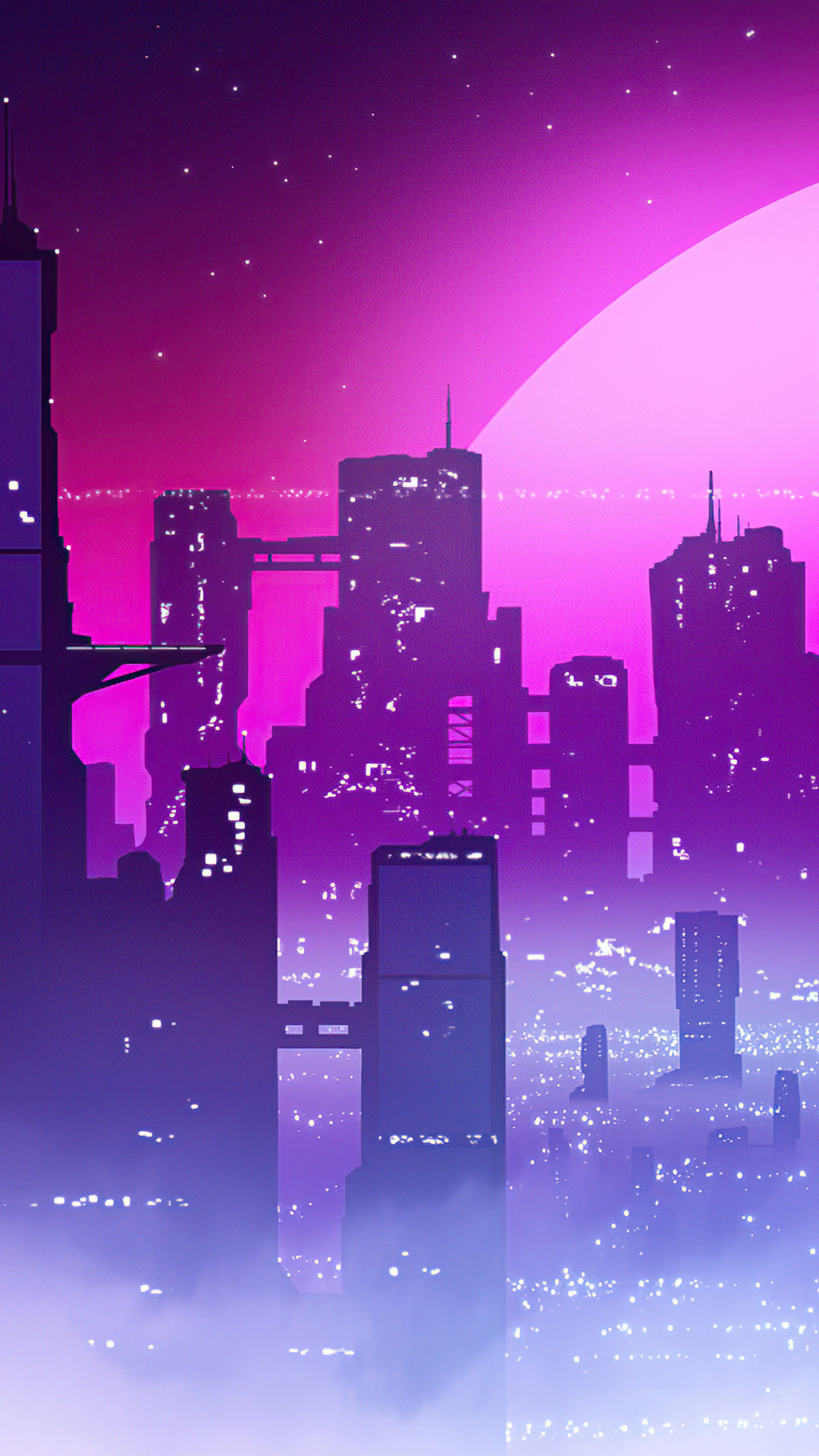Synthwave cityscape with a large pink moon HD Phone Wallpaper