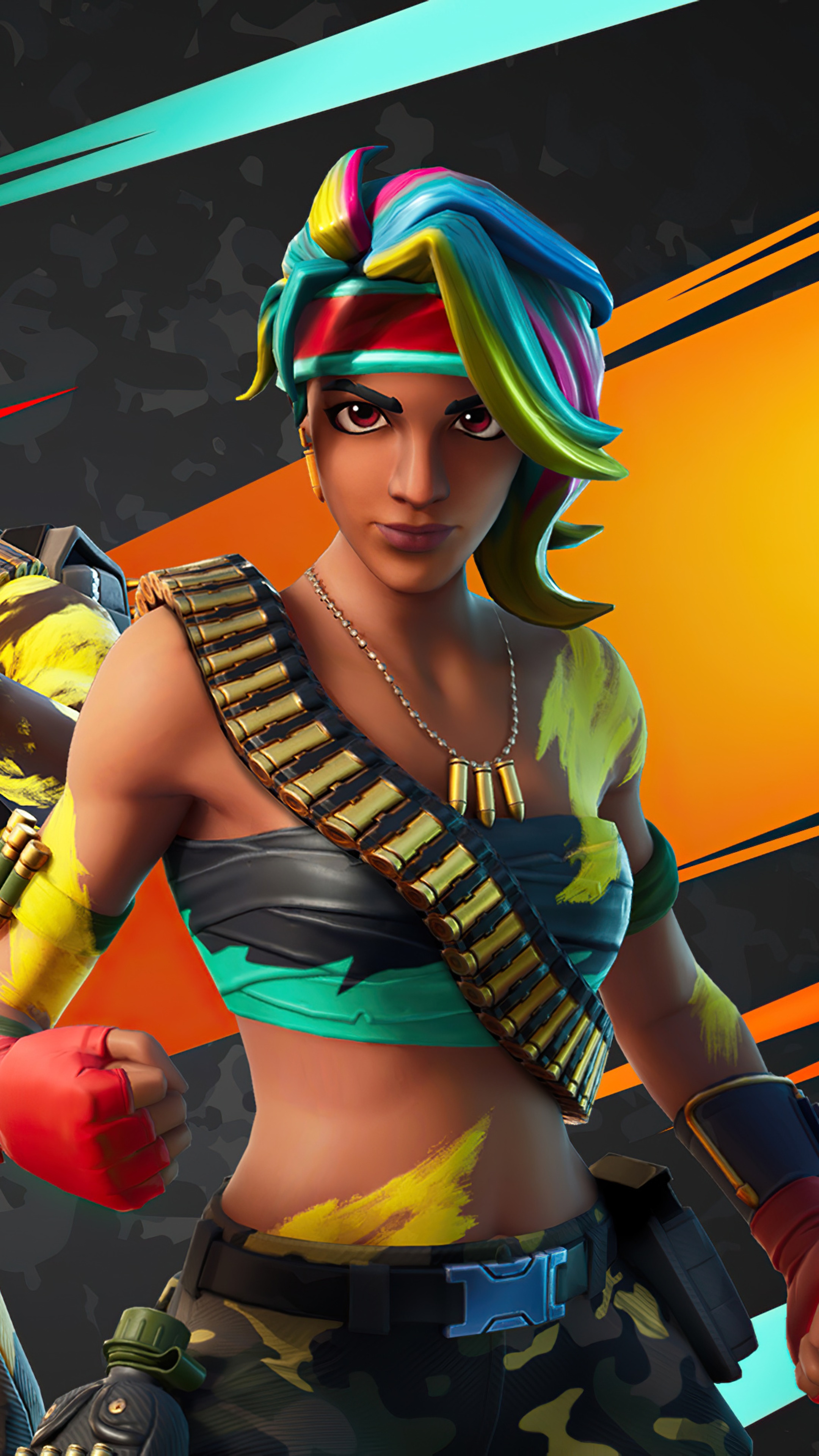 Fortnite character with rainbow hair and ammo belt HD Phone Wallpaper