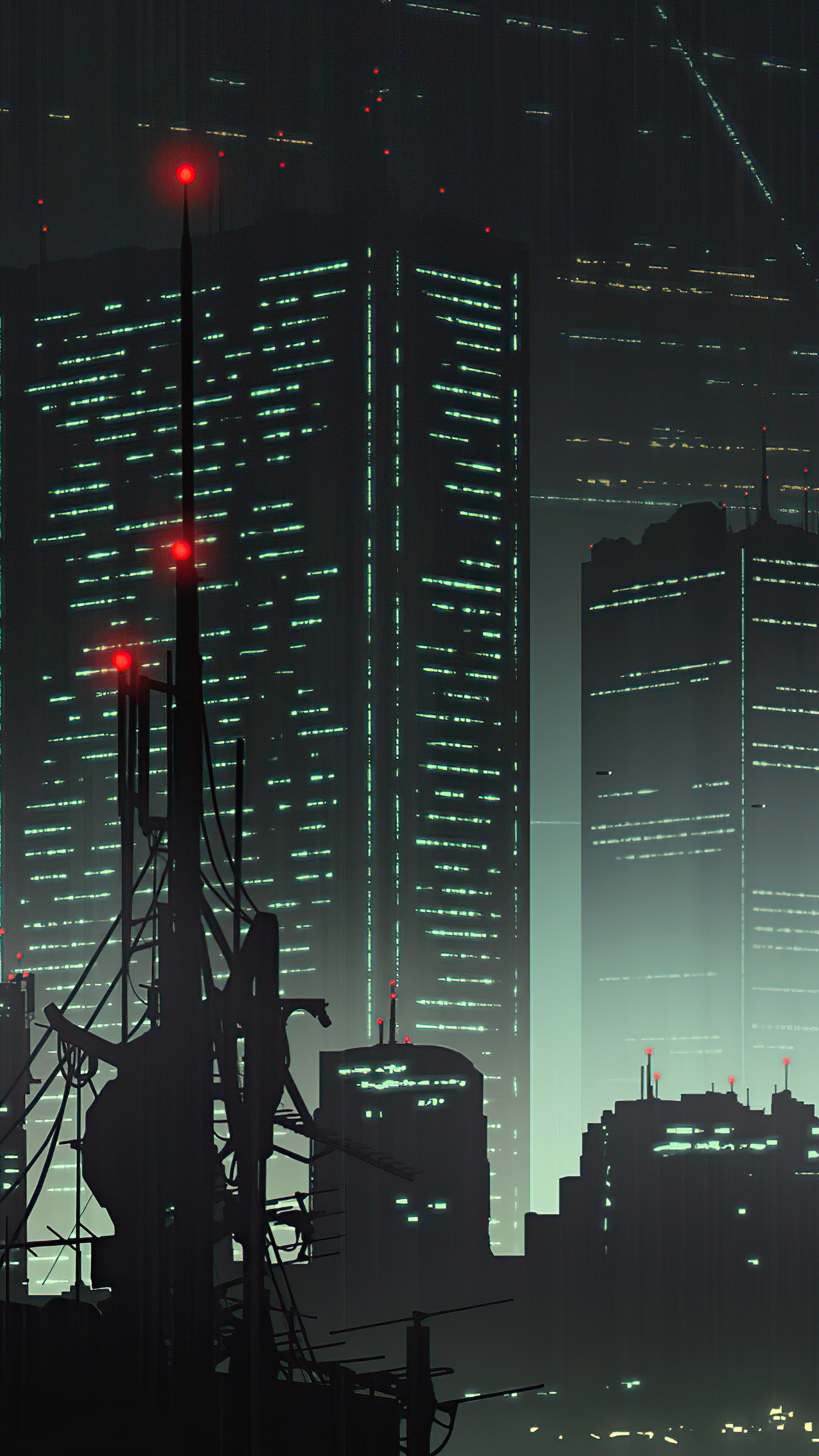 Cyberpunk Cityscape with Towers and Antennas HD Phone Wallpaper