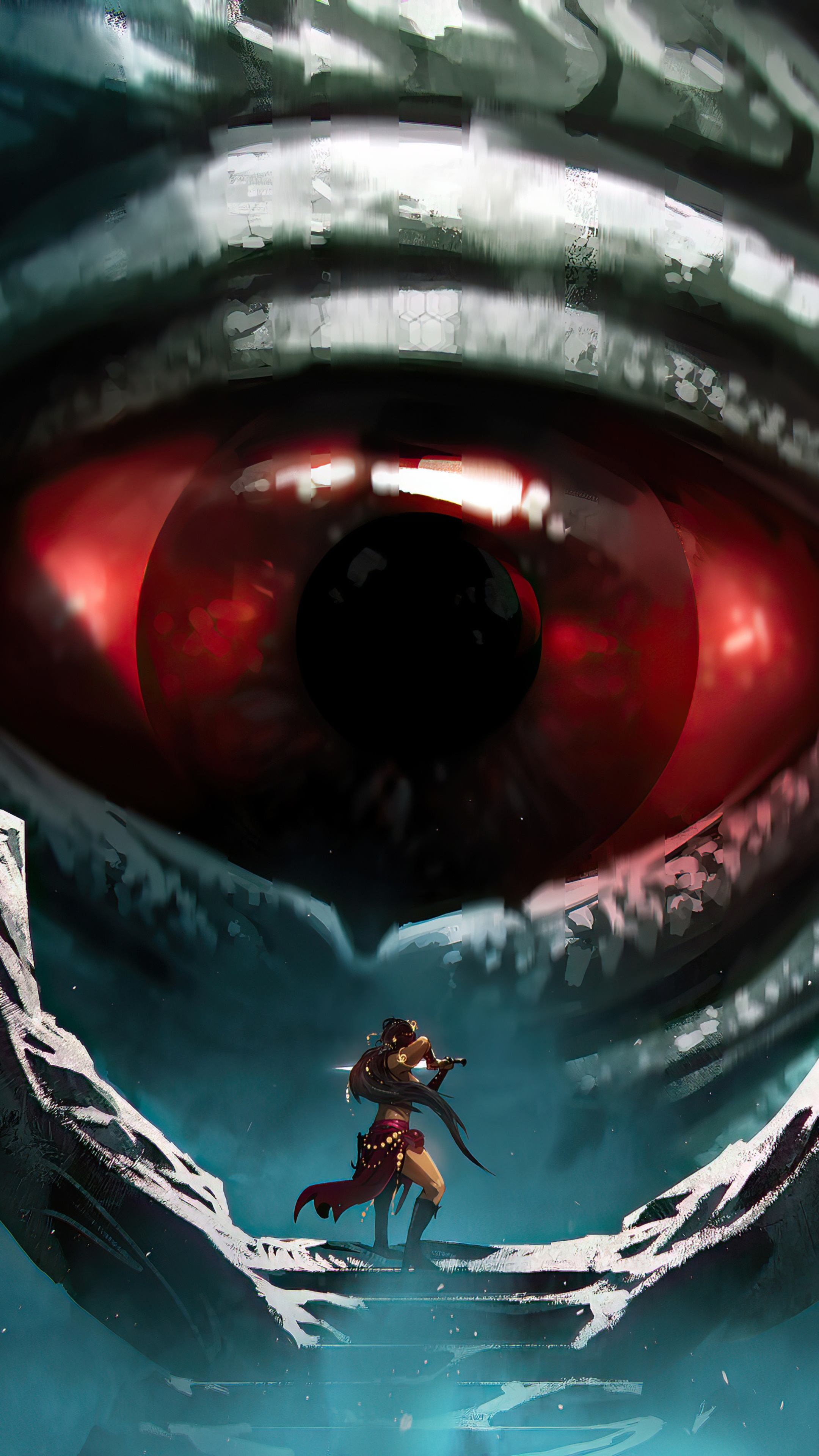 Warrior facing a giant red eye HD Phone Wallpaper
