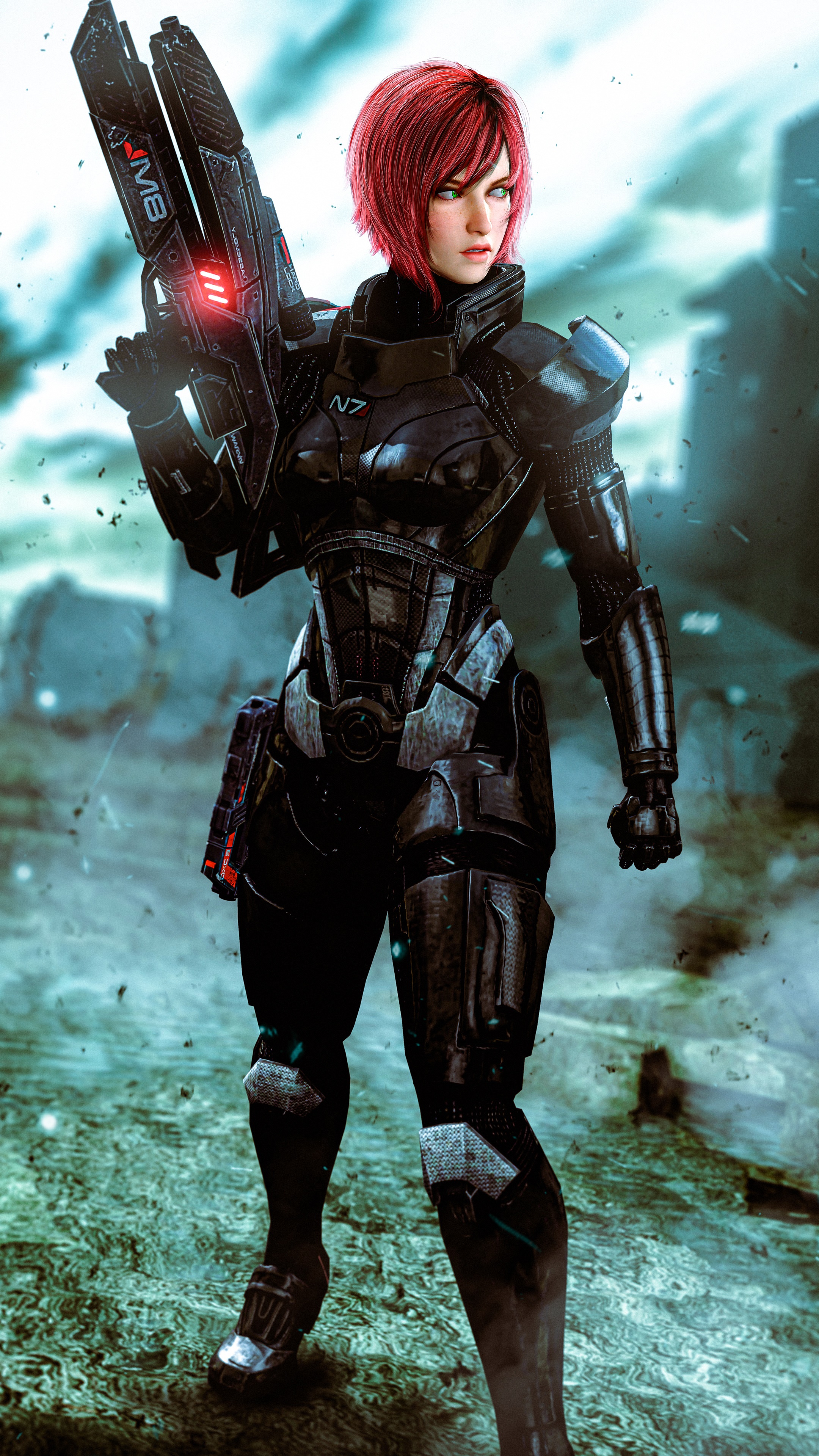 Female Soldier with Red Hair and Gun from Mass Effect HD Phone Wallpaper