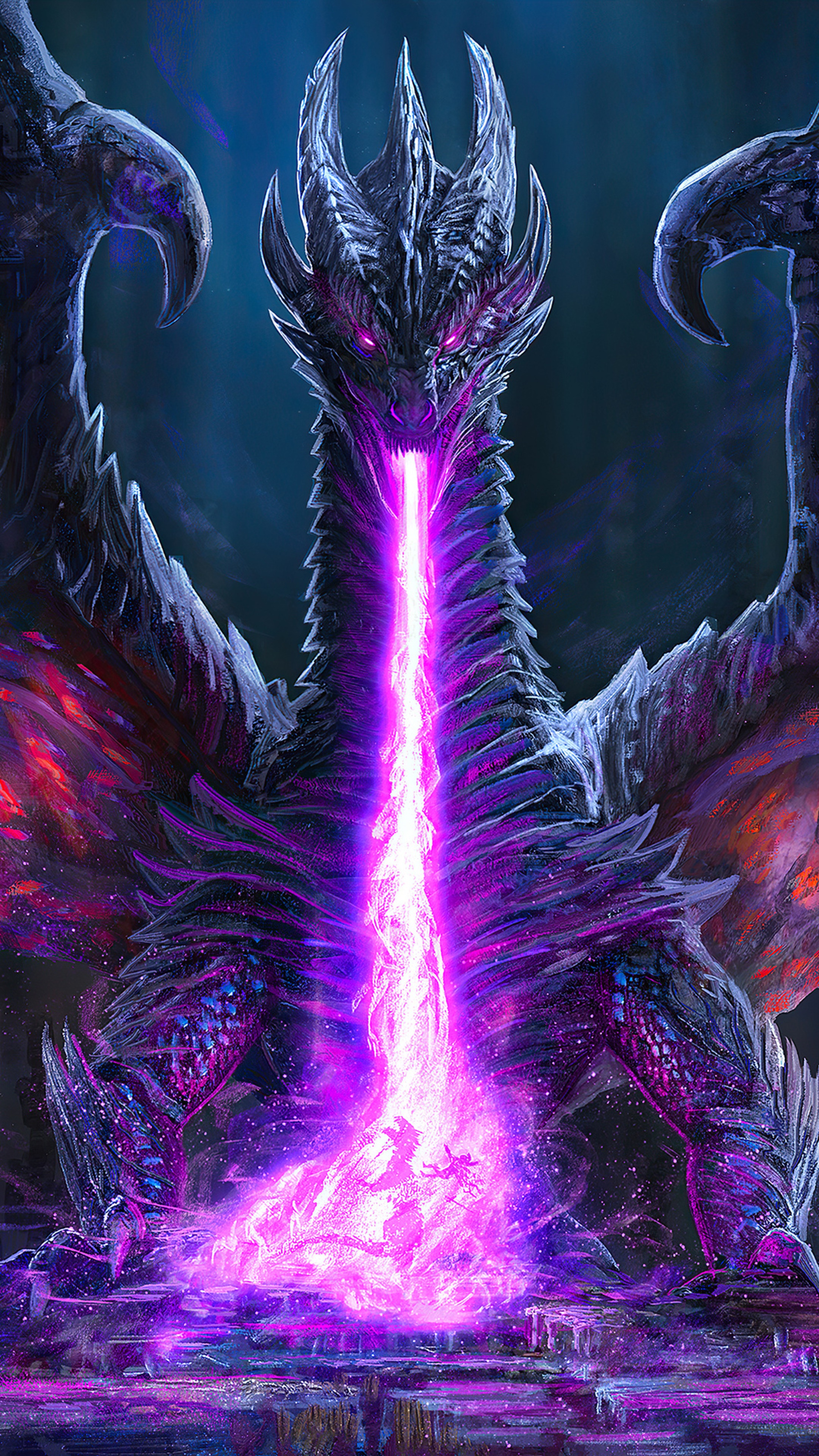 Dragon breathing purple fire HD Phone Wallpaper