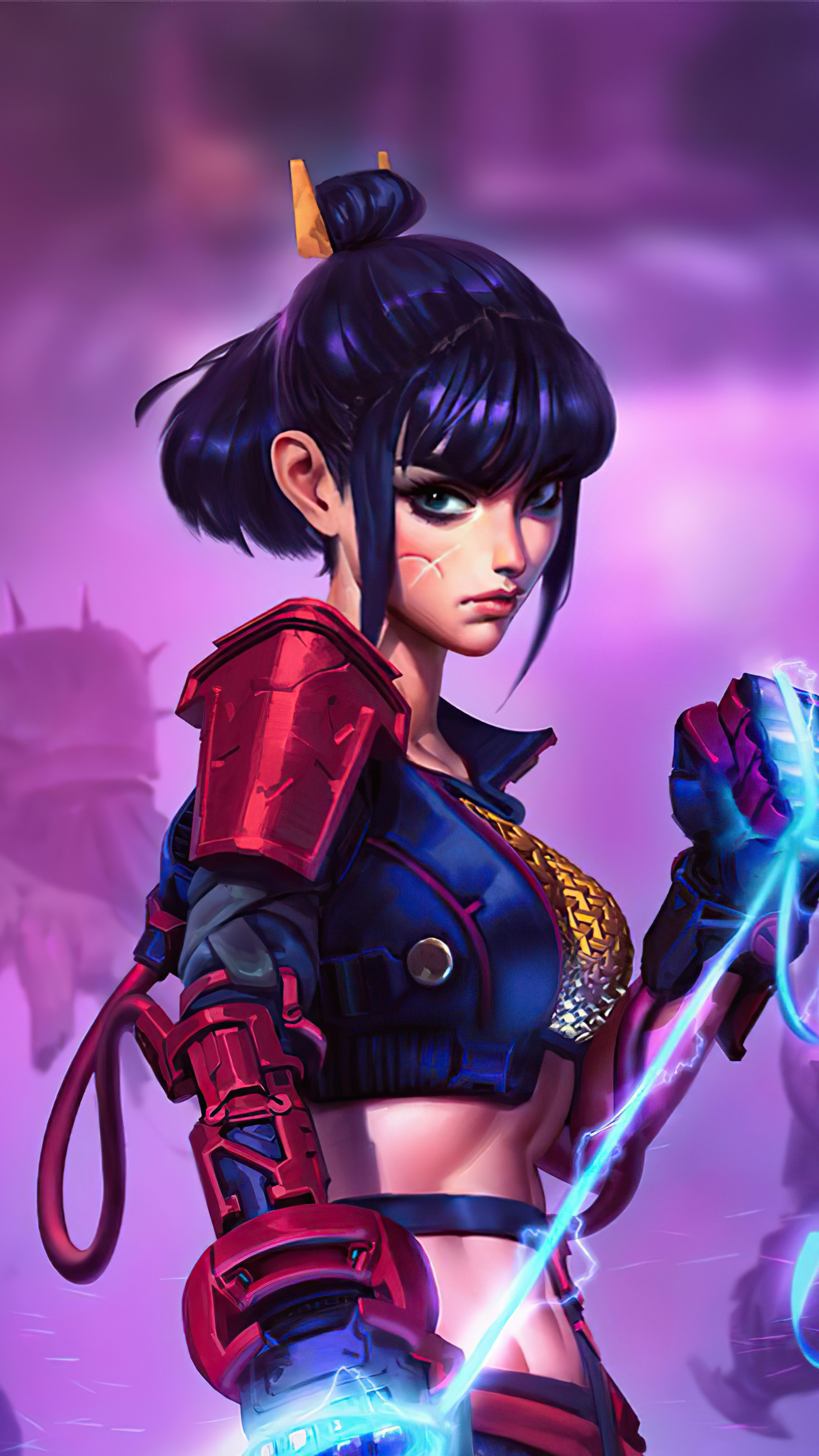 Artwork of a female warrior with blue hair and red armor HD Phone Wallpaper