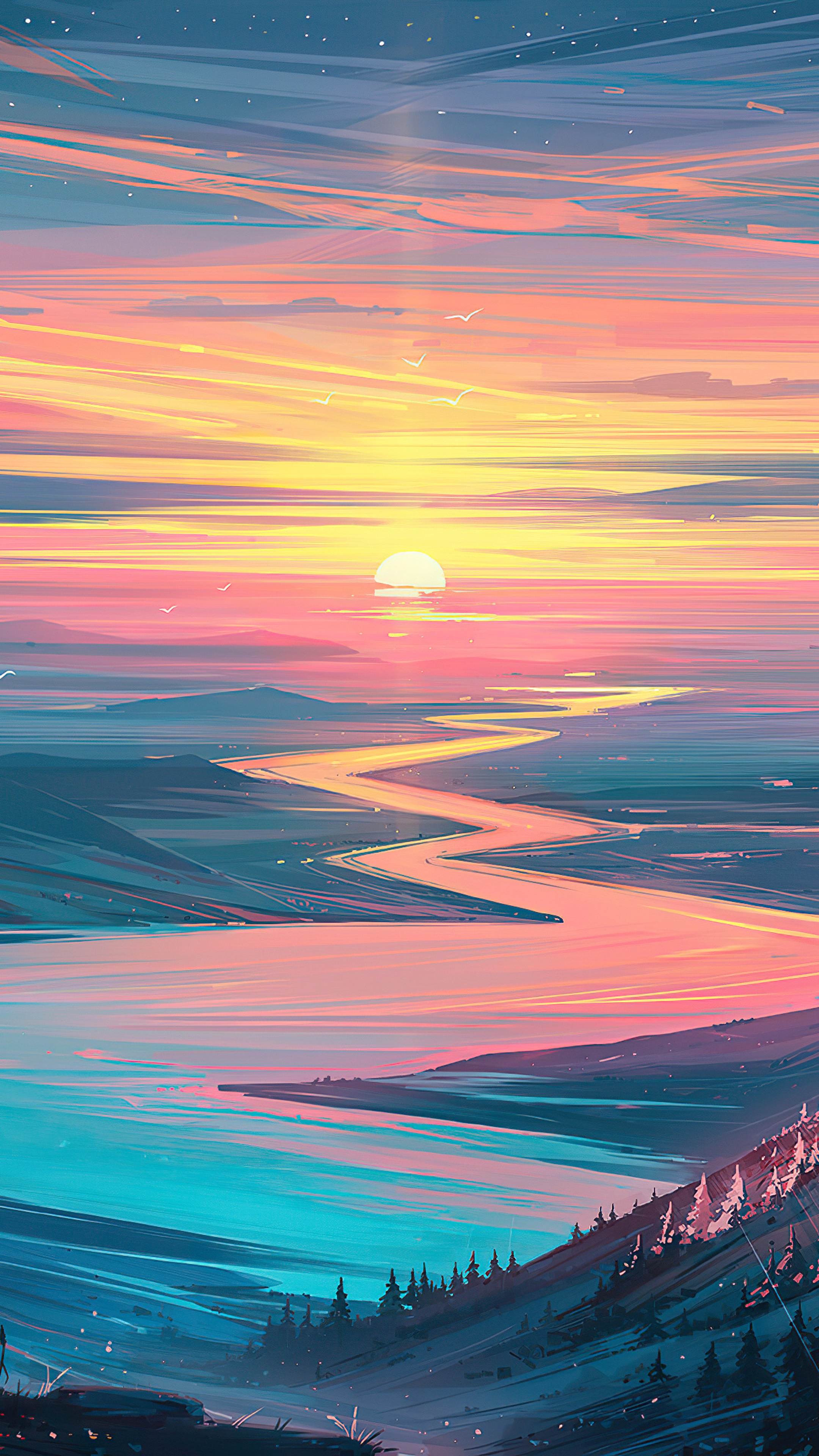 Digital Art of a Winding River at Sunset HD Phone Wallpaper