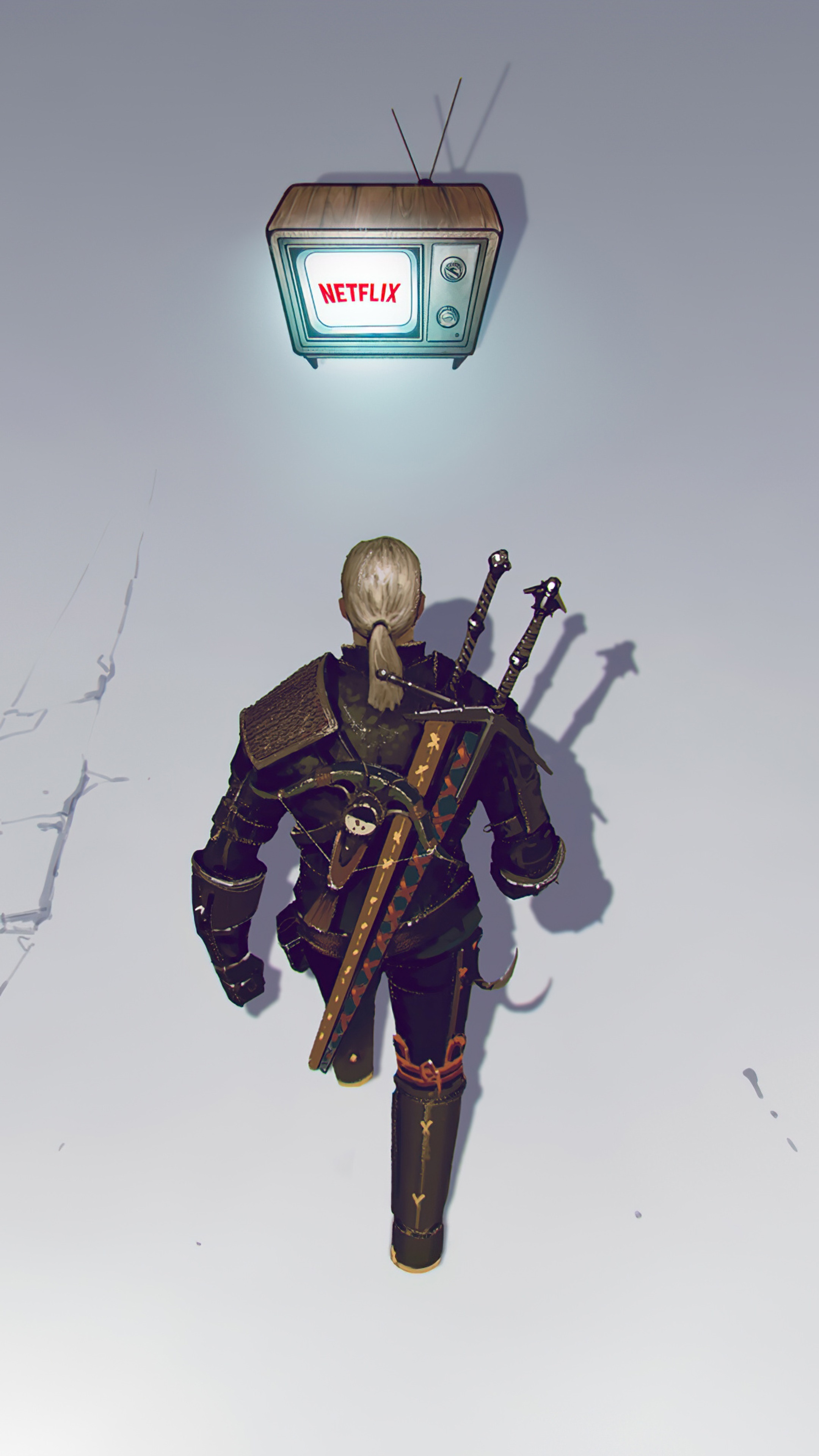 Geralt of Rivia from The Witcher watching Netflix on TV HD Phone Wallpaper