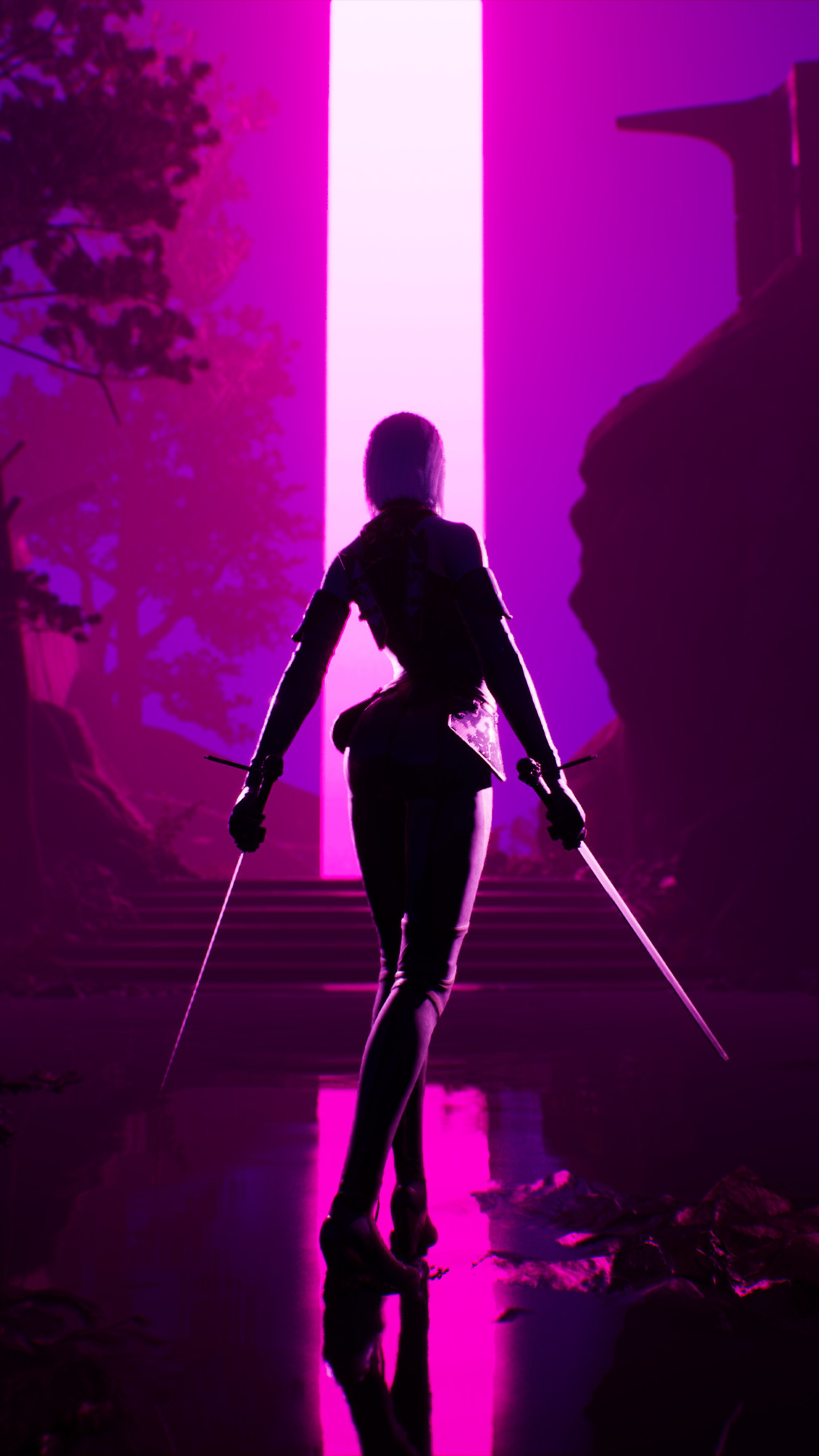 Warrior with swords in front of a glowing portal HD Phone Wallpaper