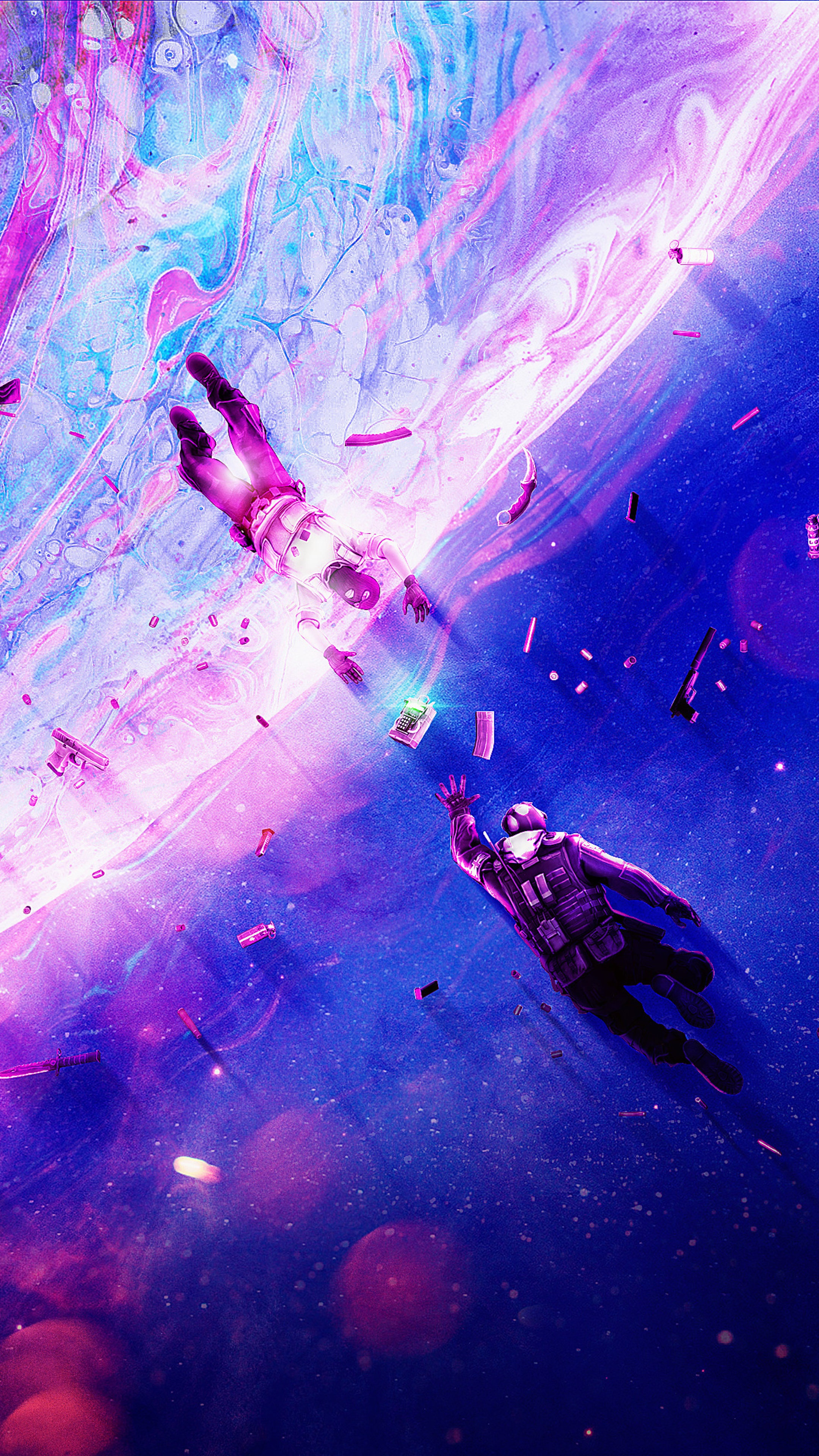 Astronauts reaching for each other in a colorful nebula HD Phone Wallpaper