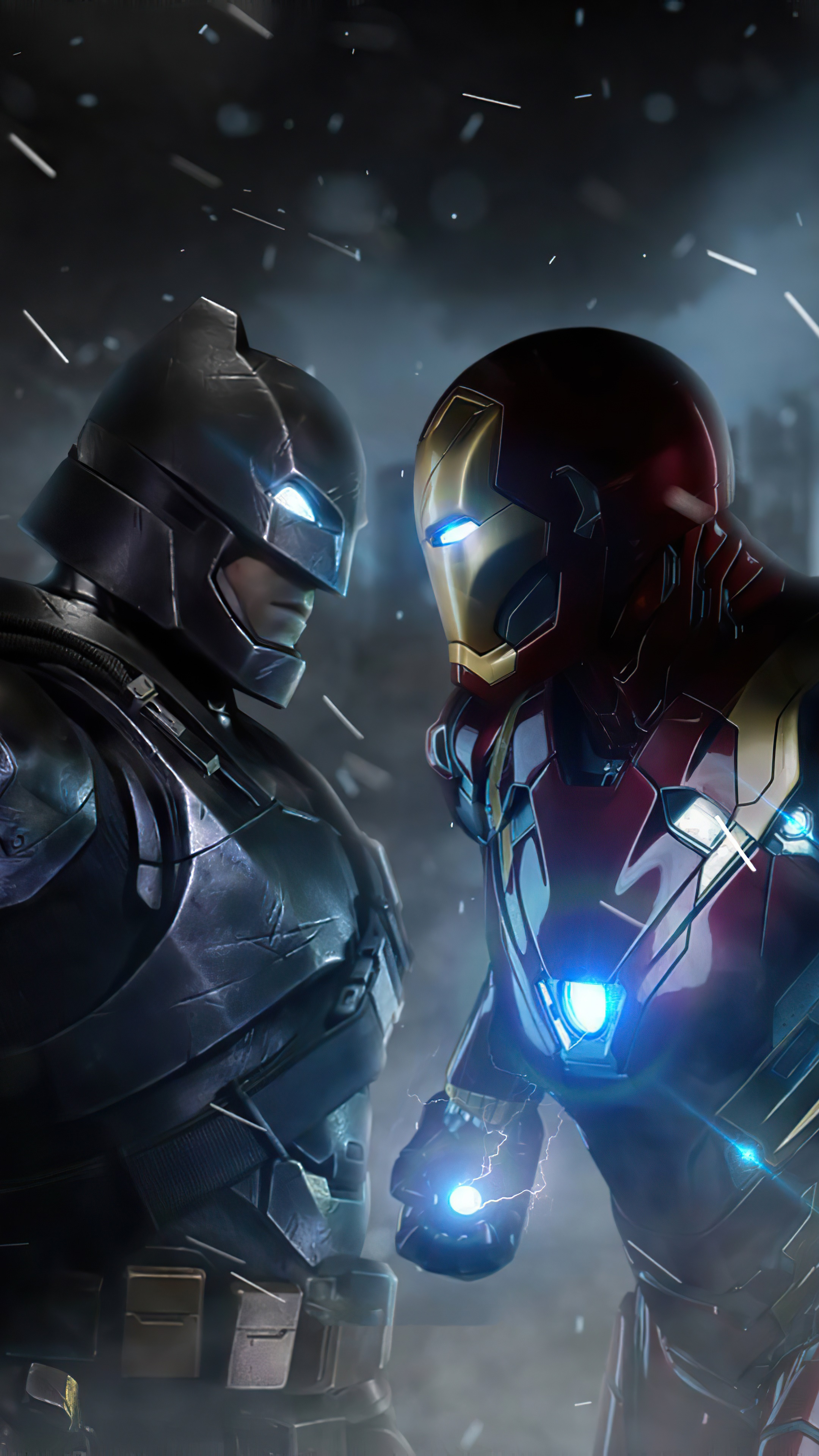Batman and Iron Man facing each other HD Phone Wallpaper