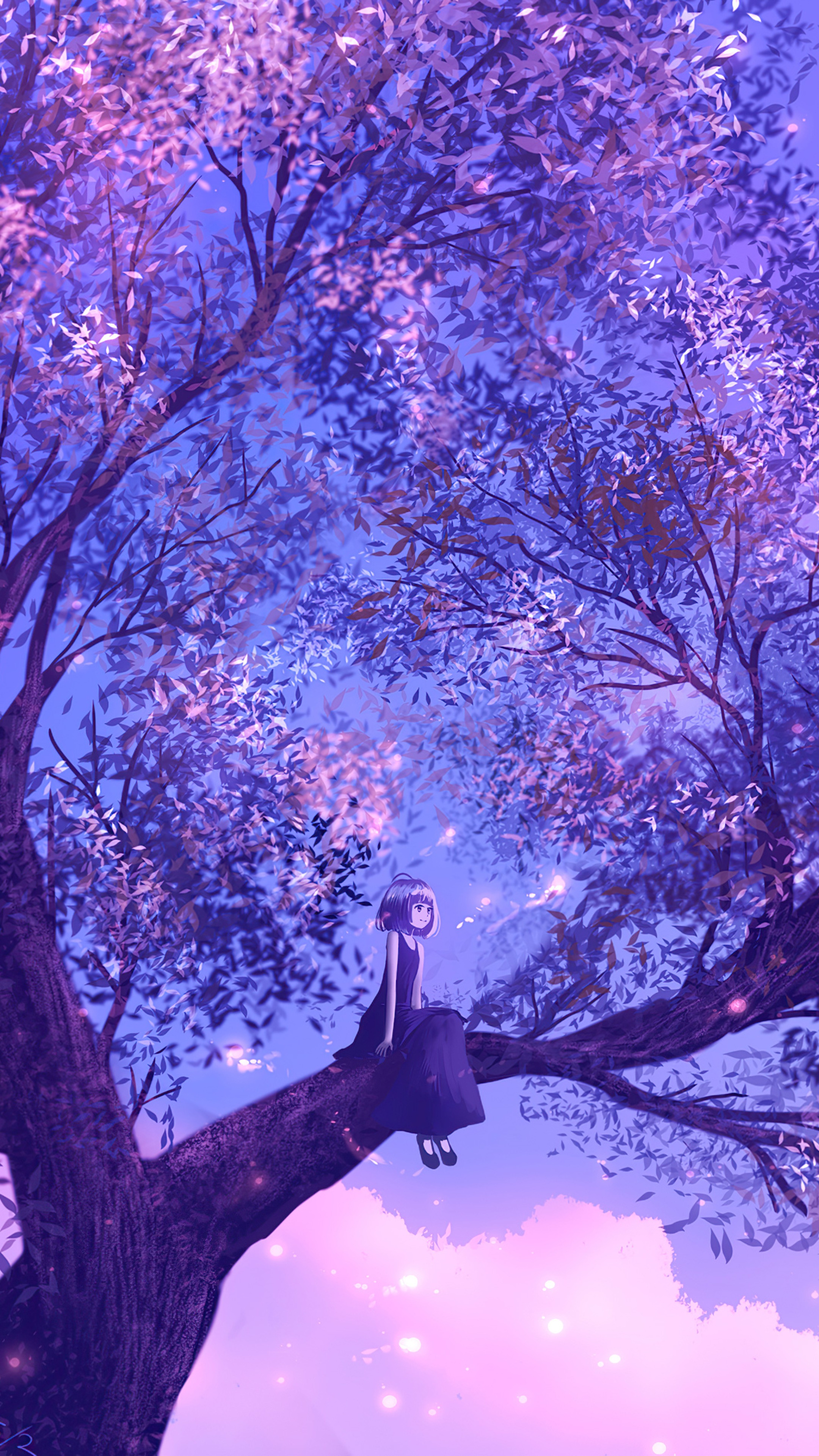 Anime girl sitting on a tree branch HD Phone Wallpaper