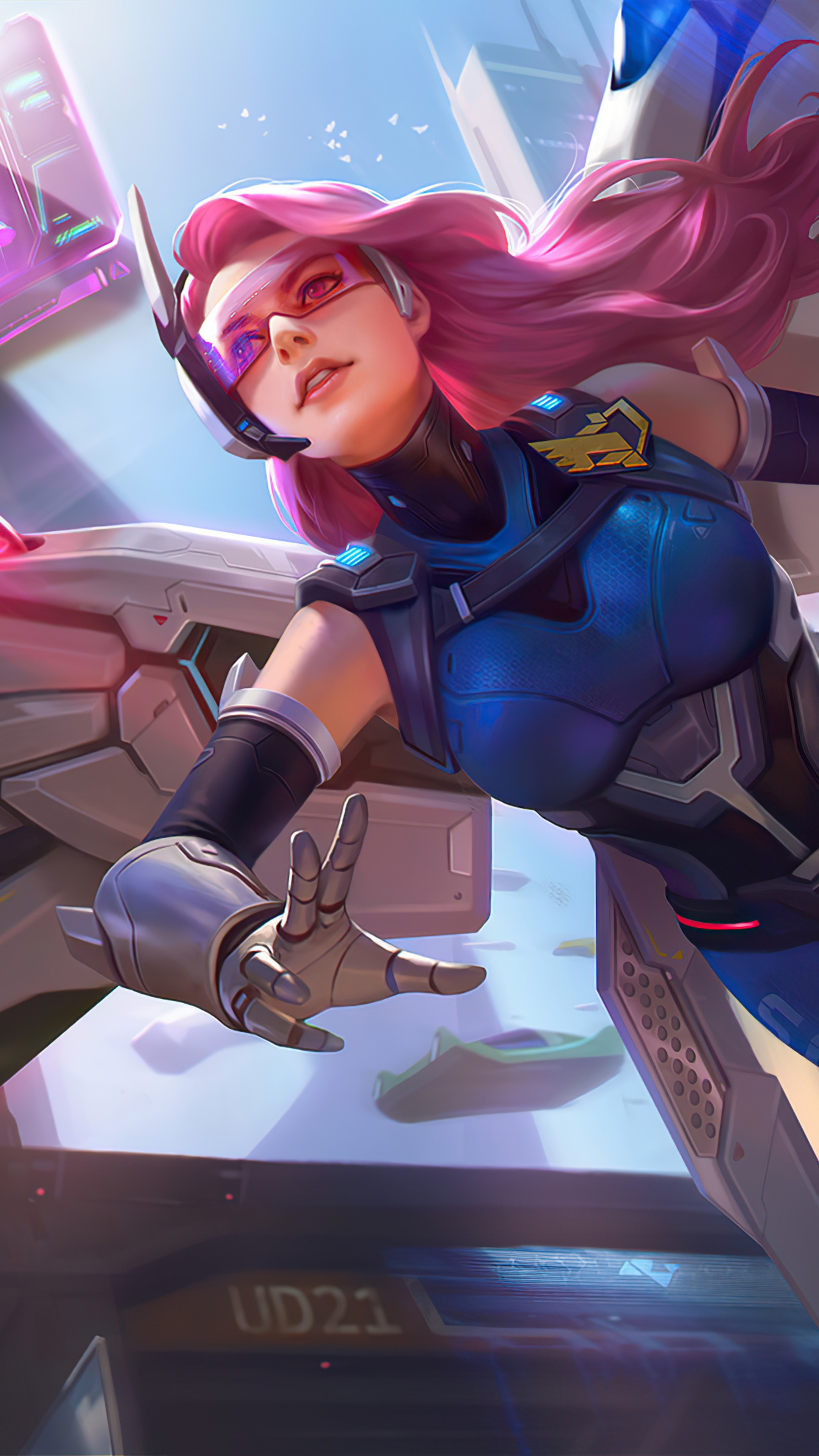 Mobile Legends character with pink hair and futuristic armor HD Phone Wallpaper