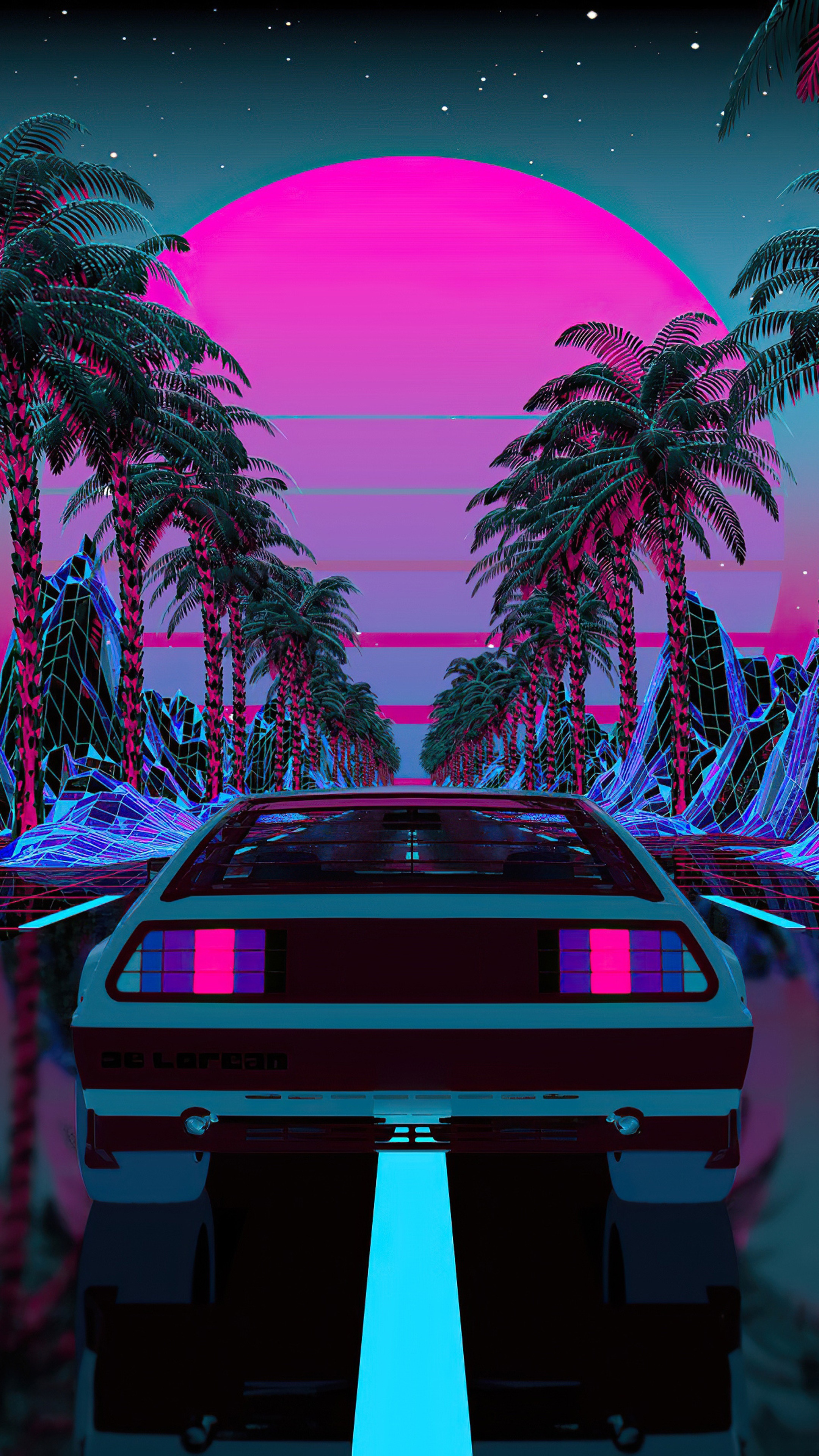 Delorean driving on a synthwave road with palm trees HD Phone Wallpaper
