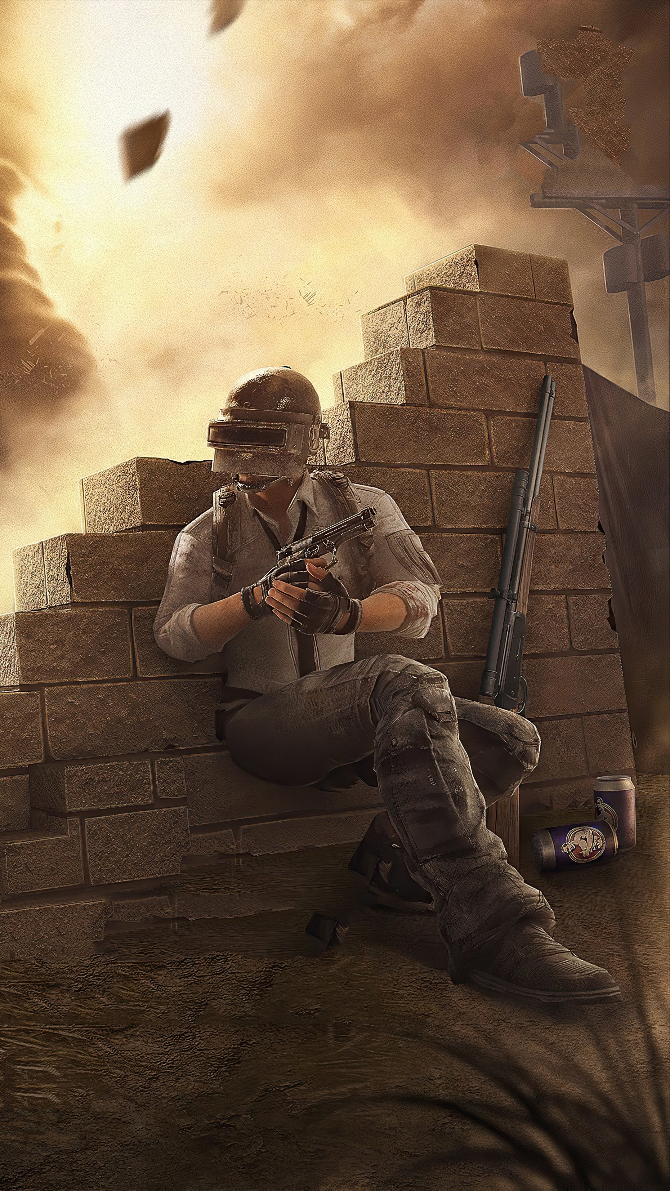 PlayerUnknown's Battlegrounds character sitting with a gun HD Phone Wallpaper