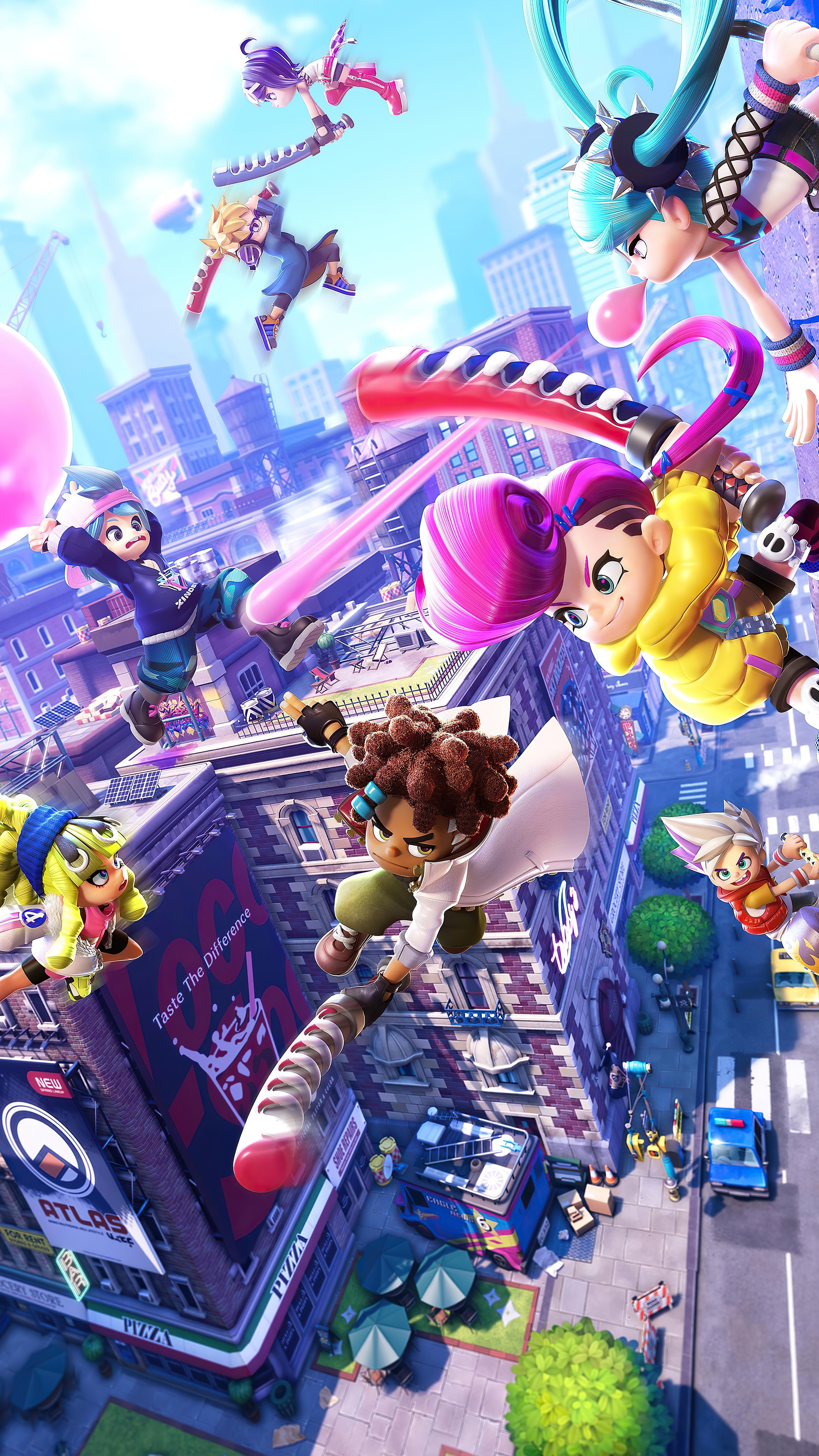 Ninjala characters in a city battle HD Phone Wallpaper