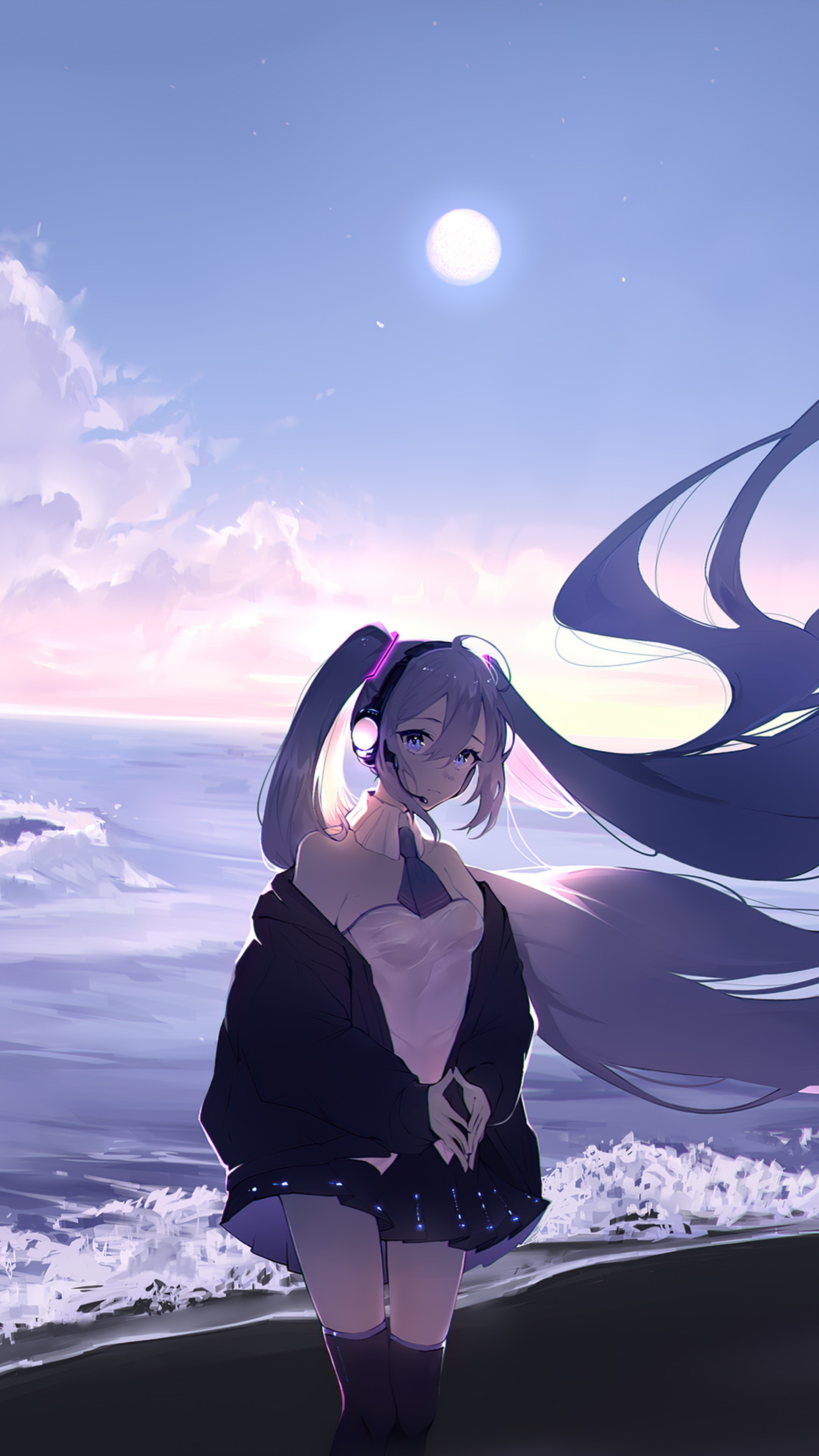Hatsune Miku by the ocean at sunset 4K HD Phone Wallpaper