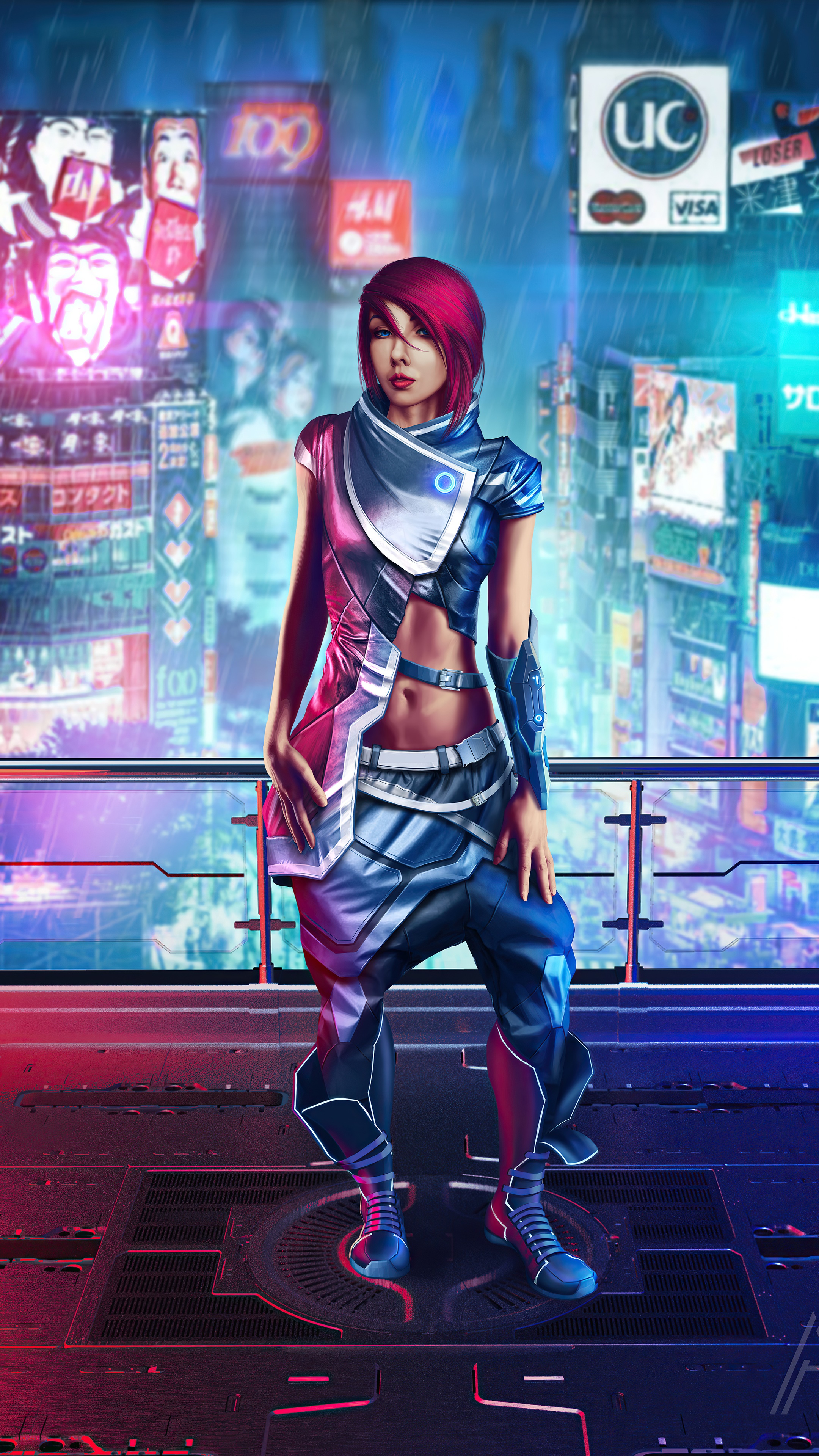 Cyberpunk woman in a futuristic city HD Phone Wallpaper