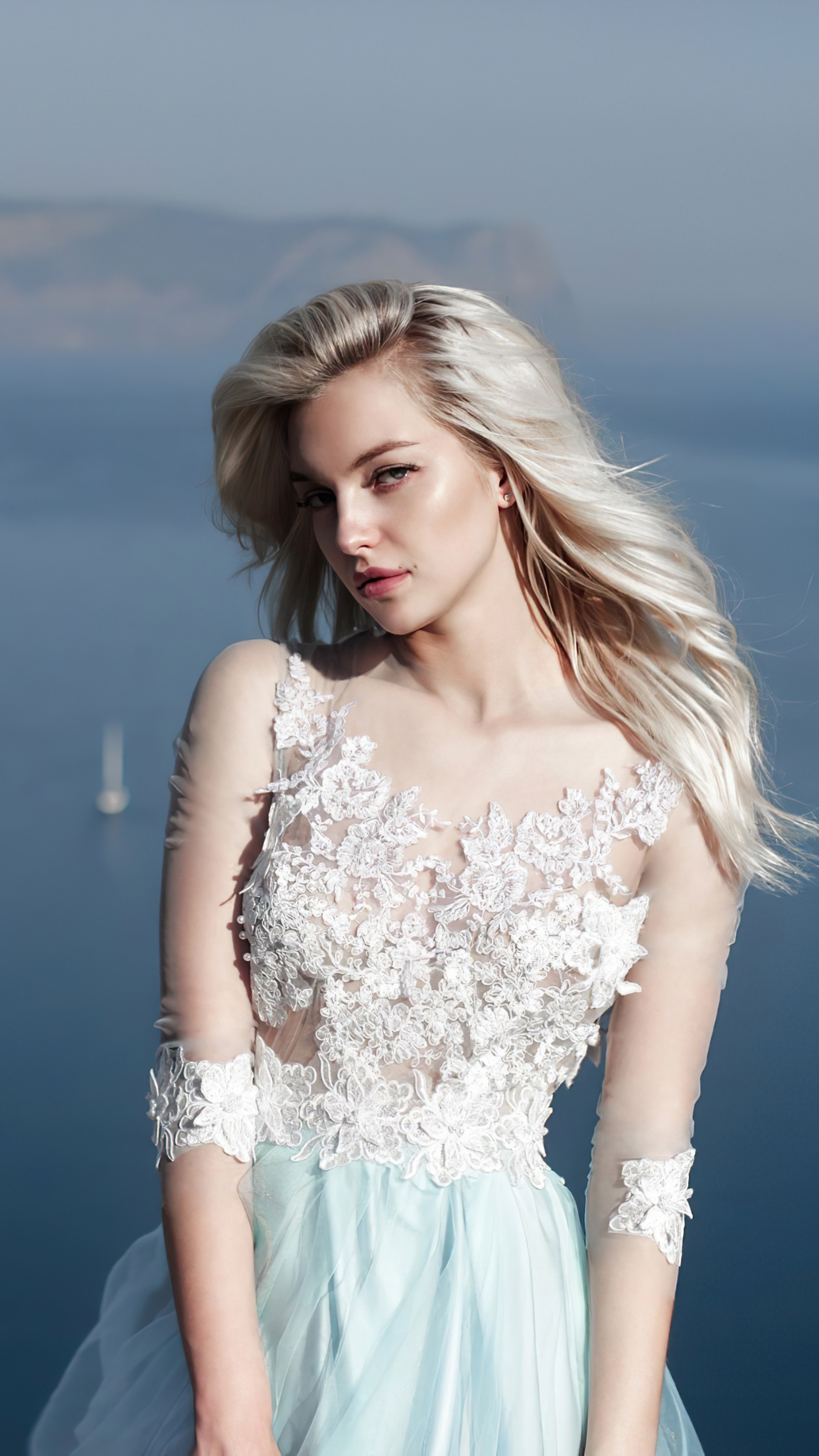 Woman in white and blue dress on a cliff HD Phone Wallpaper
