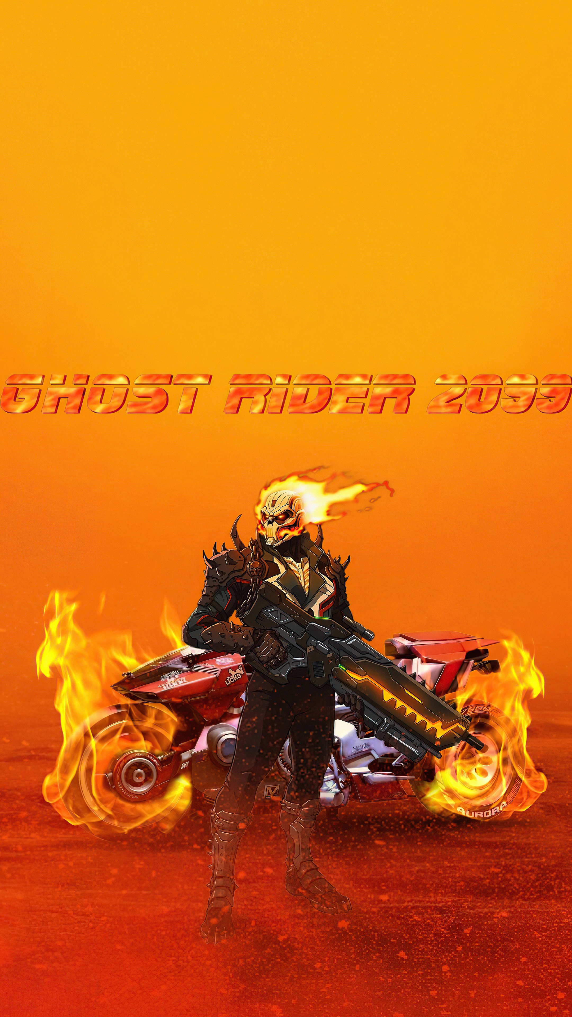 Ghost Rider 2099 with a motorcycle and a gun HD Phone Wallpaper