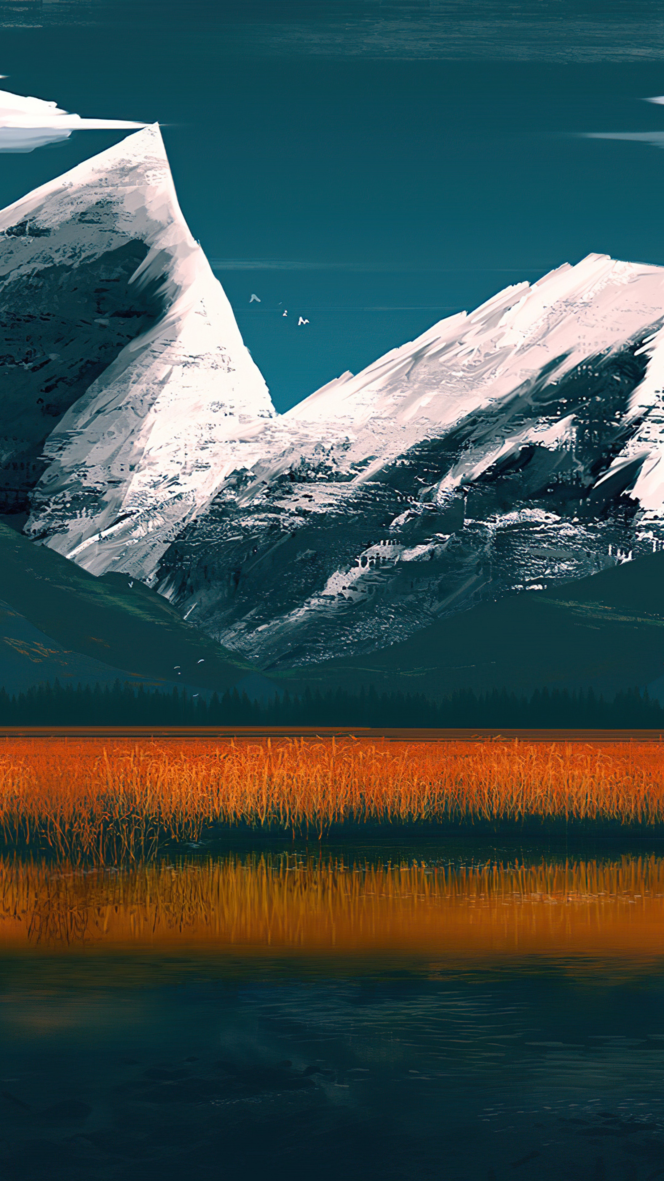 Digital art of snowy mountains and a field HD Phone Wallpaper