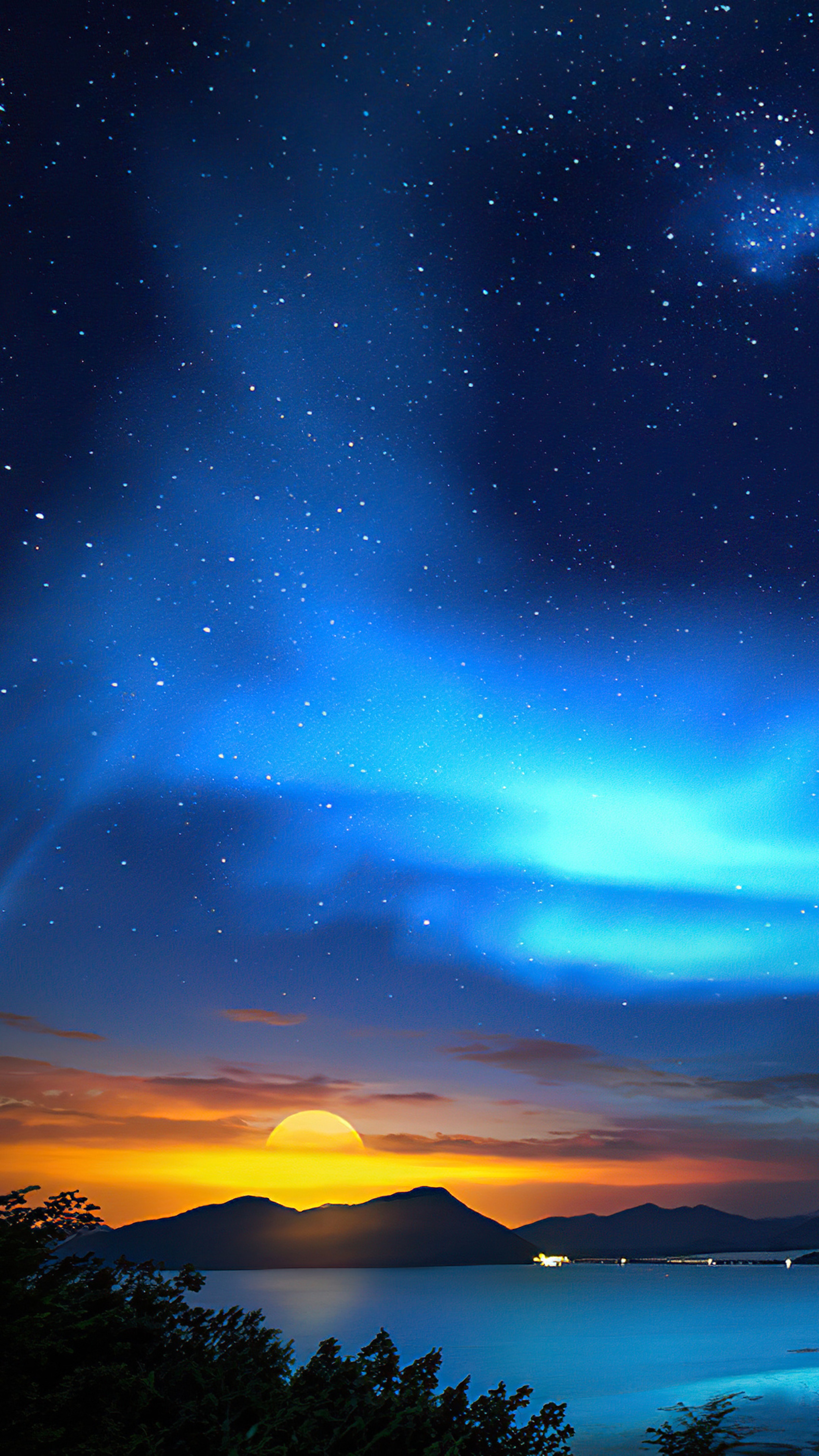 Digital Art of a Starry Night Sky Over Mountains and Water HD Phone Wallpaper
