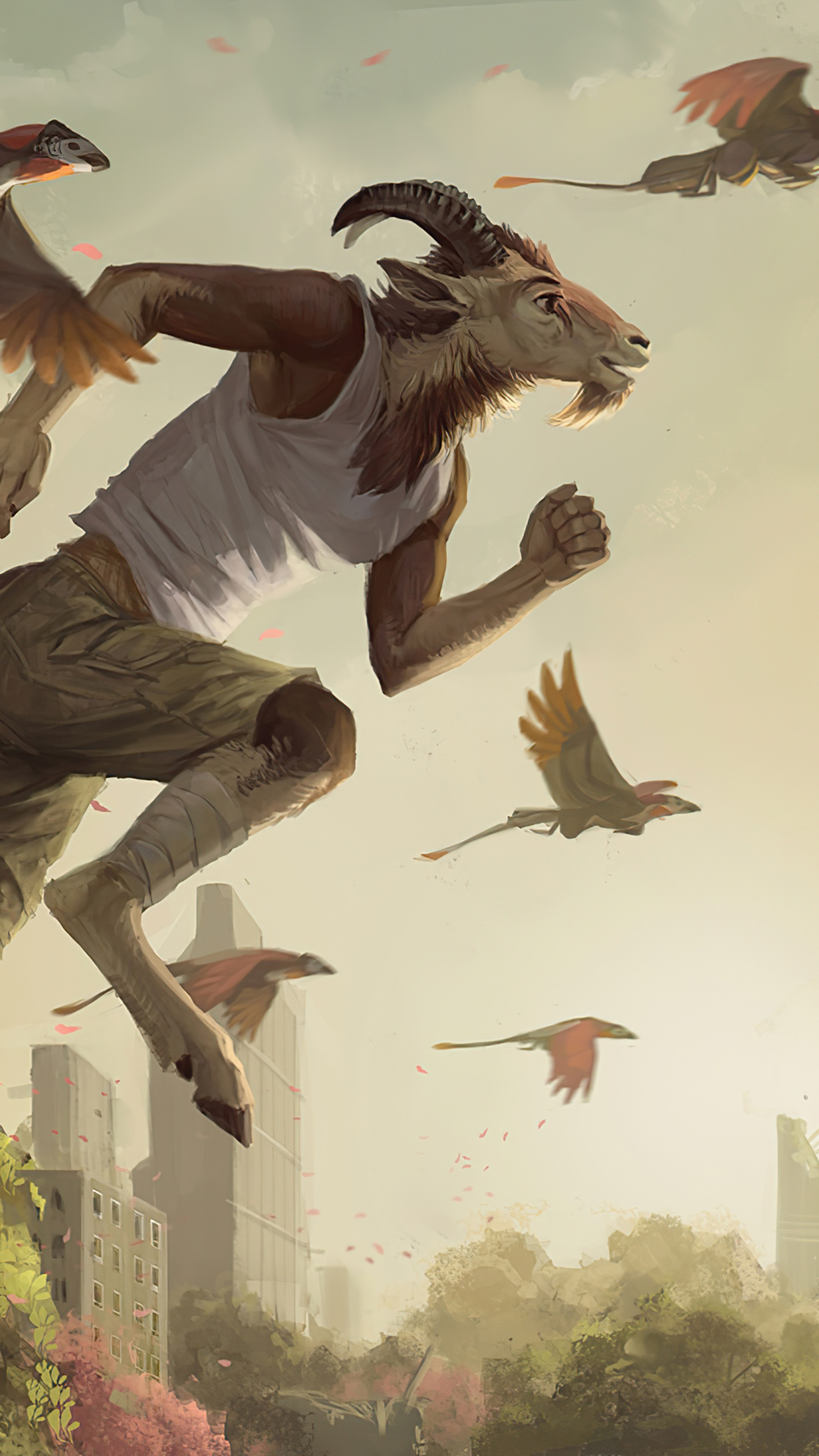 Anthropomorphic goat running with birds in city HD Phone Wallpaper