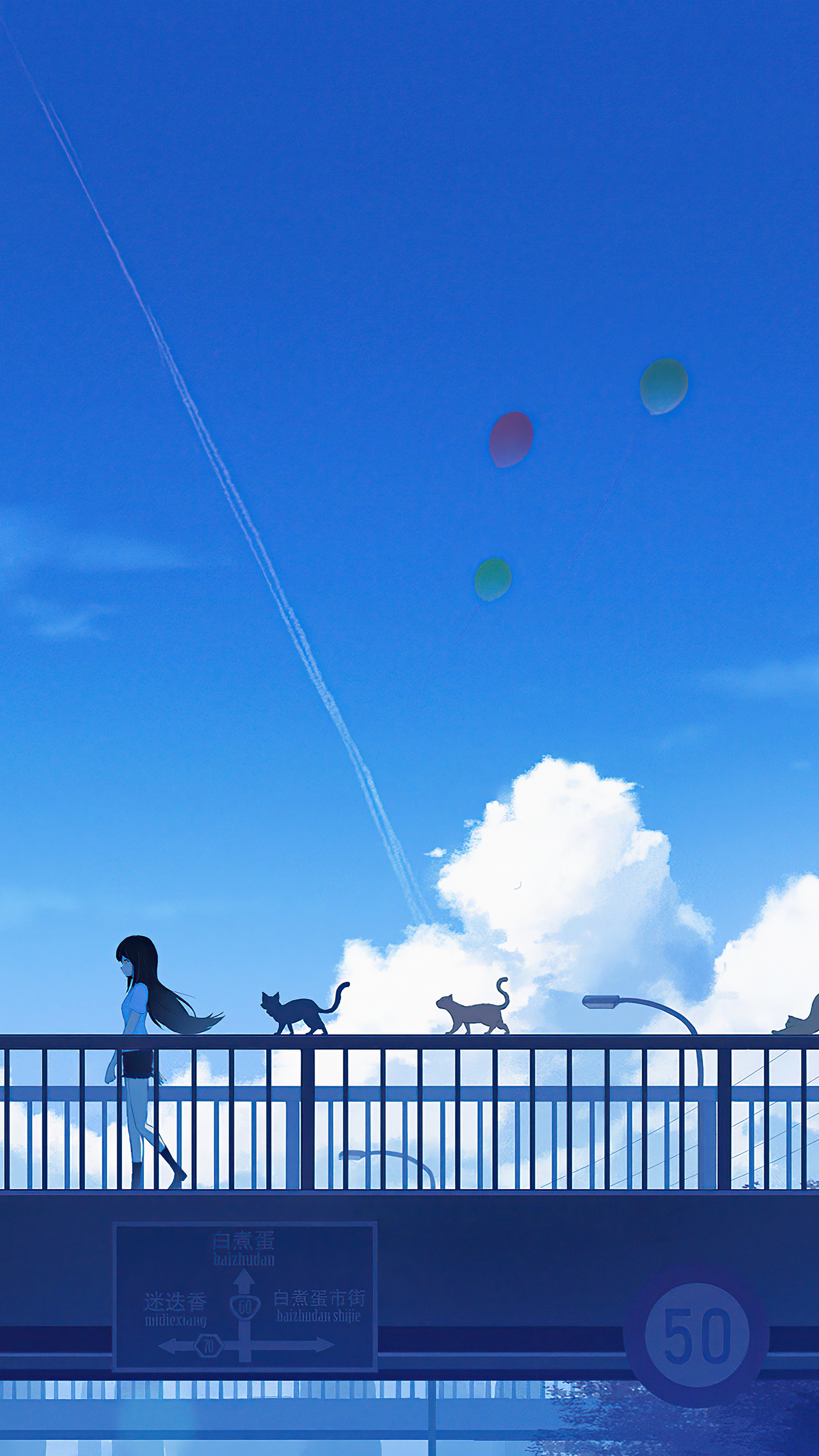 Anime girl and cats on a bridge with balloons HD Phone Wallpaper
