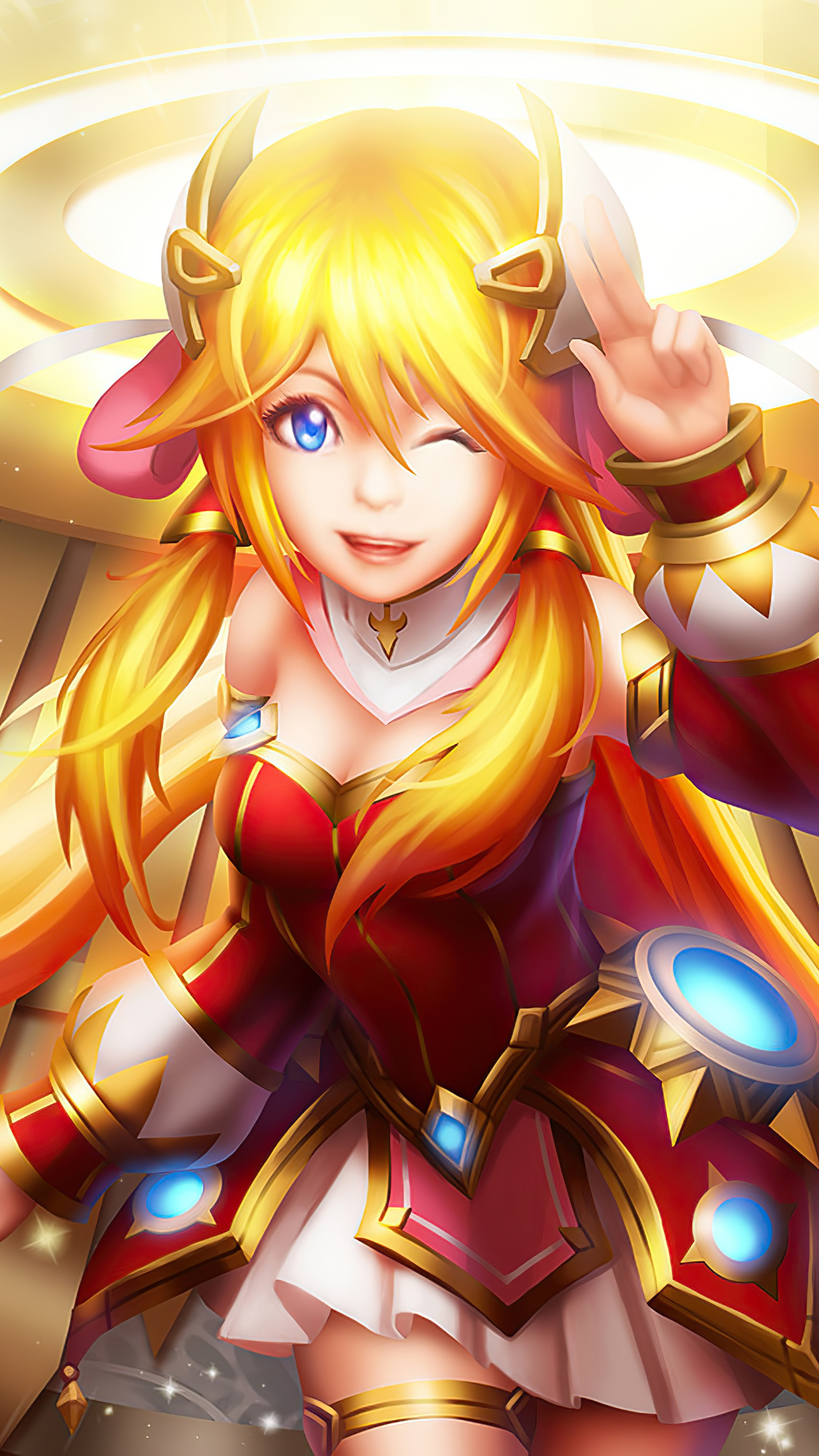 Anime girl with blonde pigtails and red outfit HD Phone Wallpaper