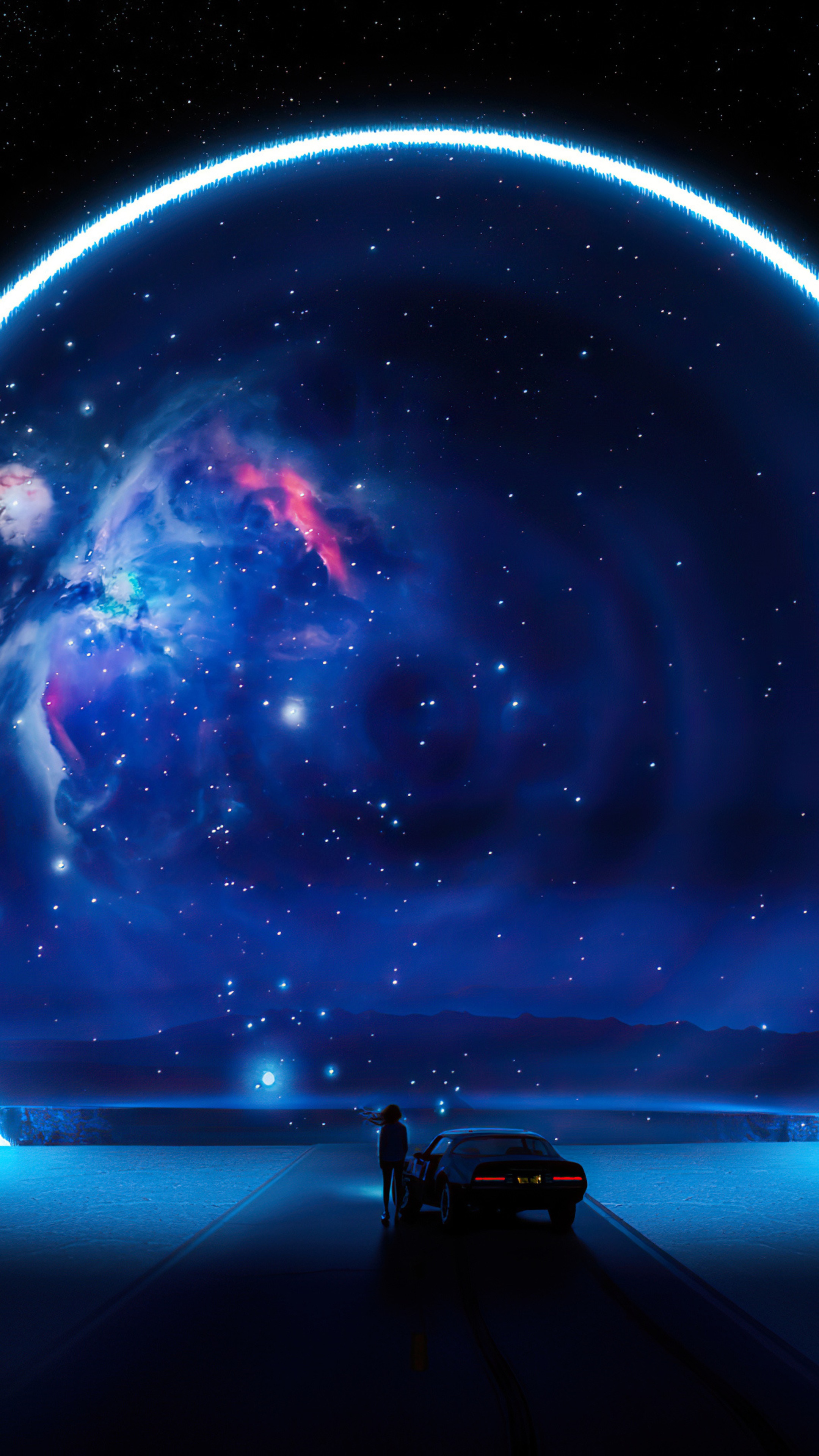 Person and car on road under starry sky with nebula HD Phone Wallpaper