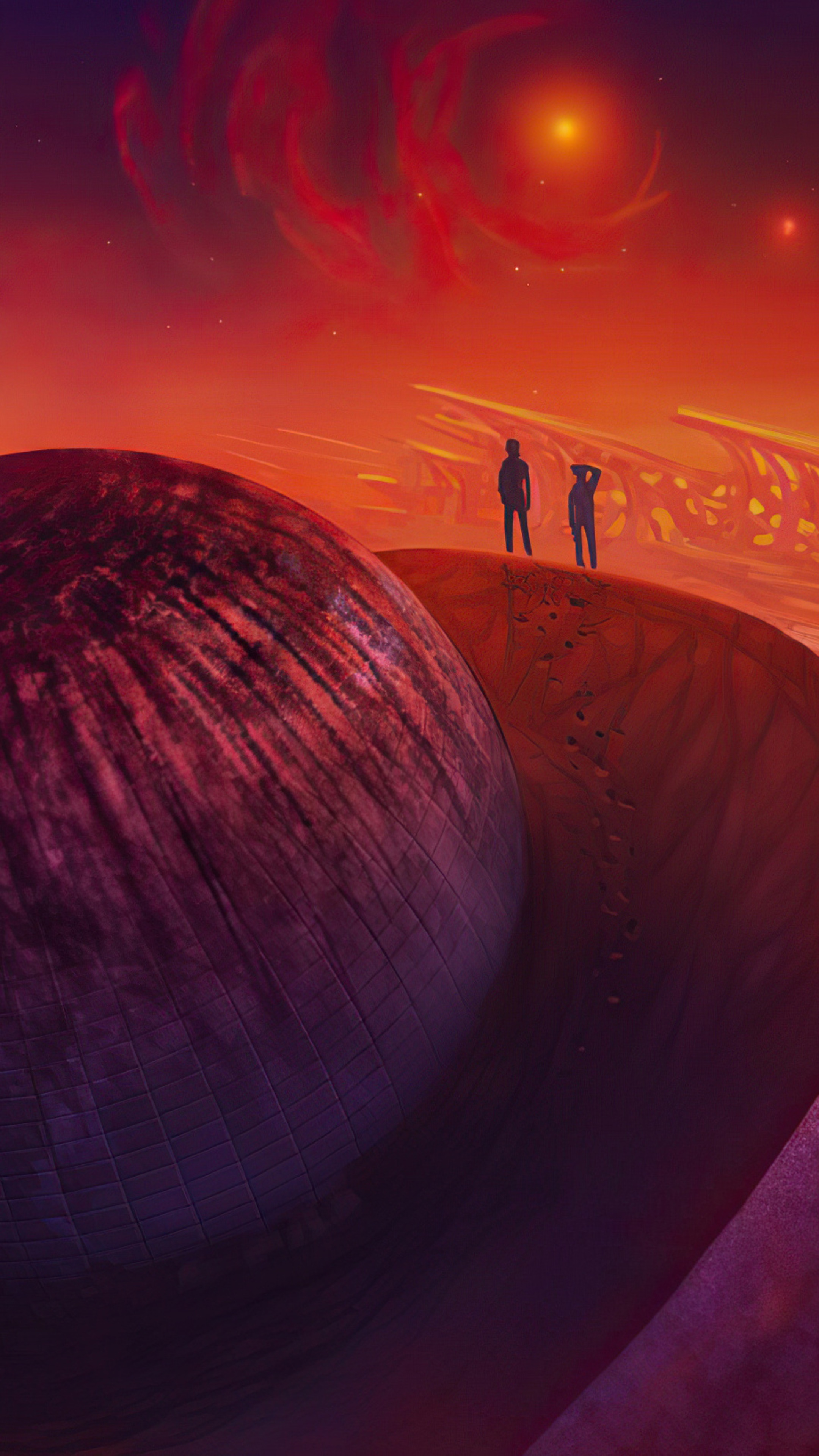 Two figures stand on an alien planet with a red sky HD Phone Wallpaper