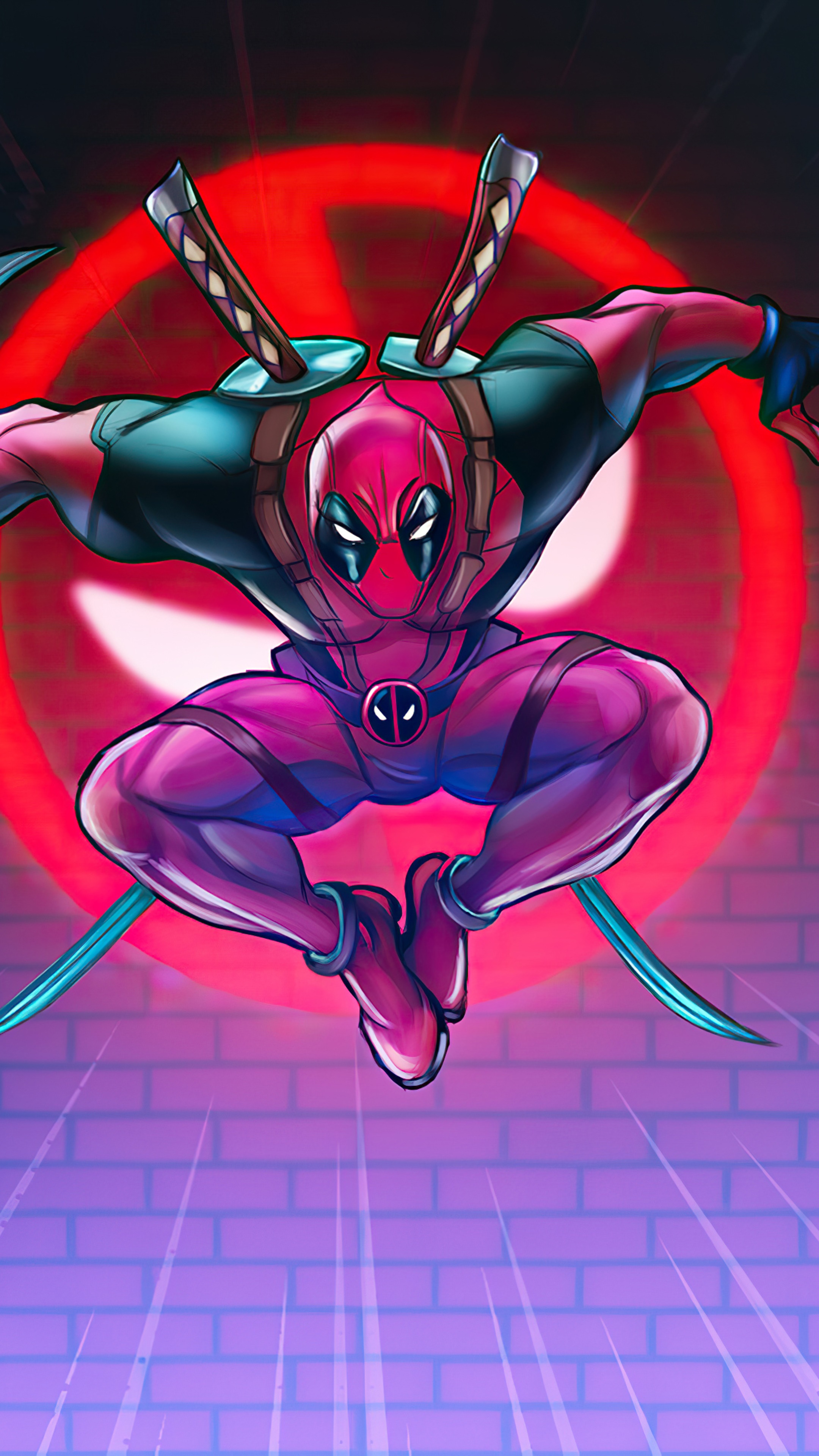 Deadpool in action with swords and a red symbol HD Phone Wallpaper