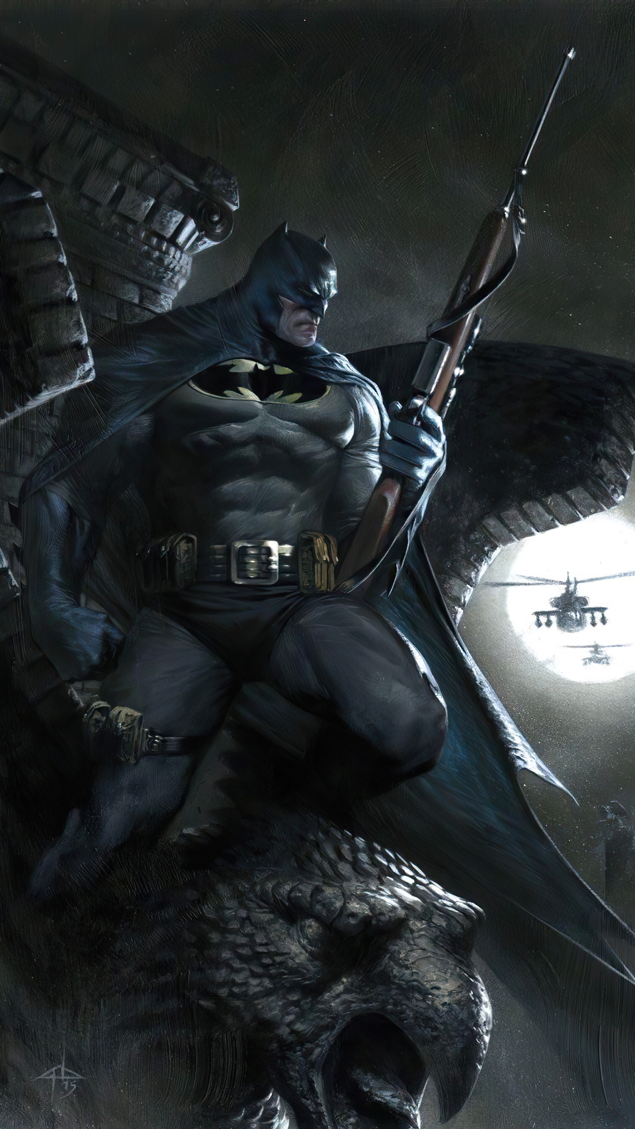 Batman with Rifle on Gargoyle HD Phone Wallpaper