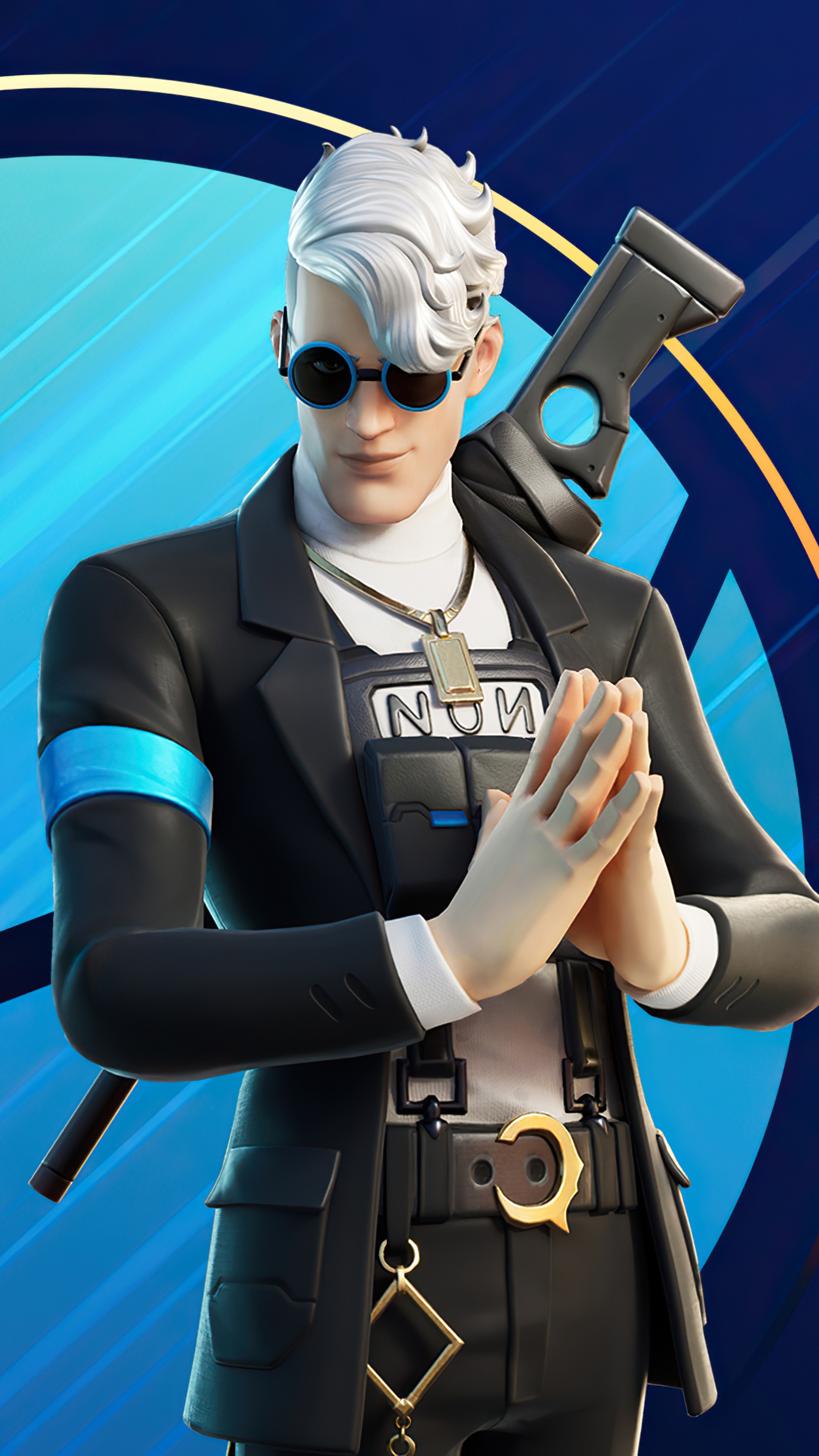 Fortnite character with white hair and sunglasses HD Phone Wallpaper