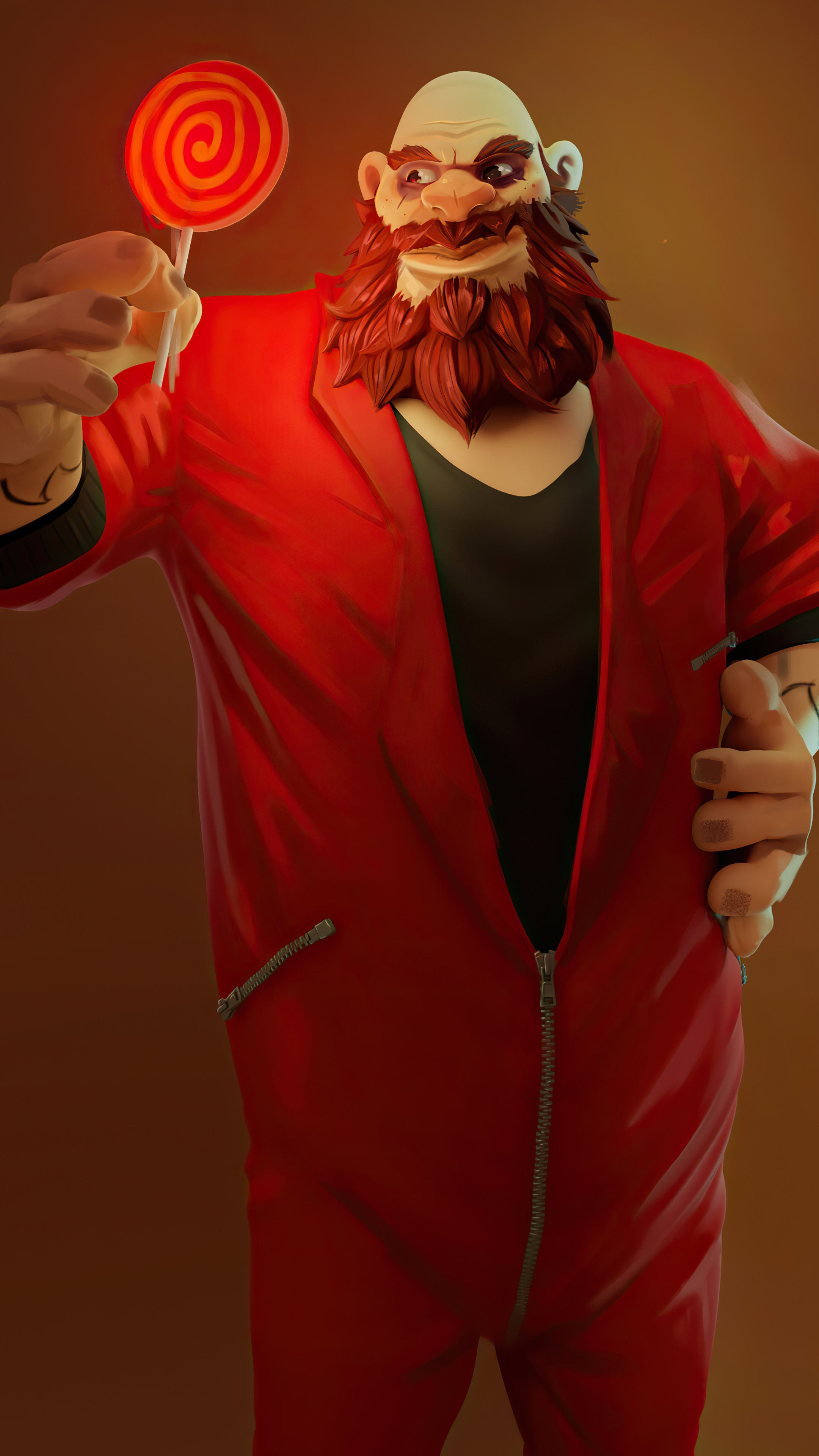 Man in red jumpsuit holding a lollipop HD Phone Wallpaper