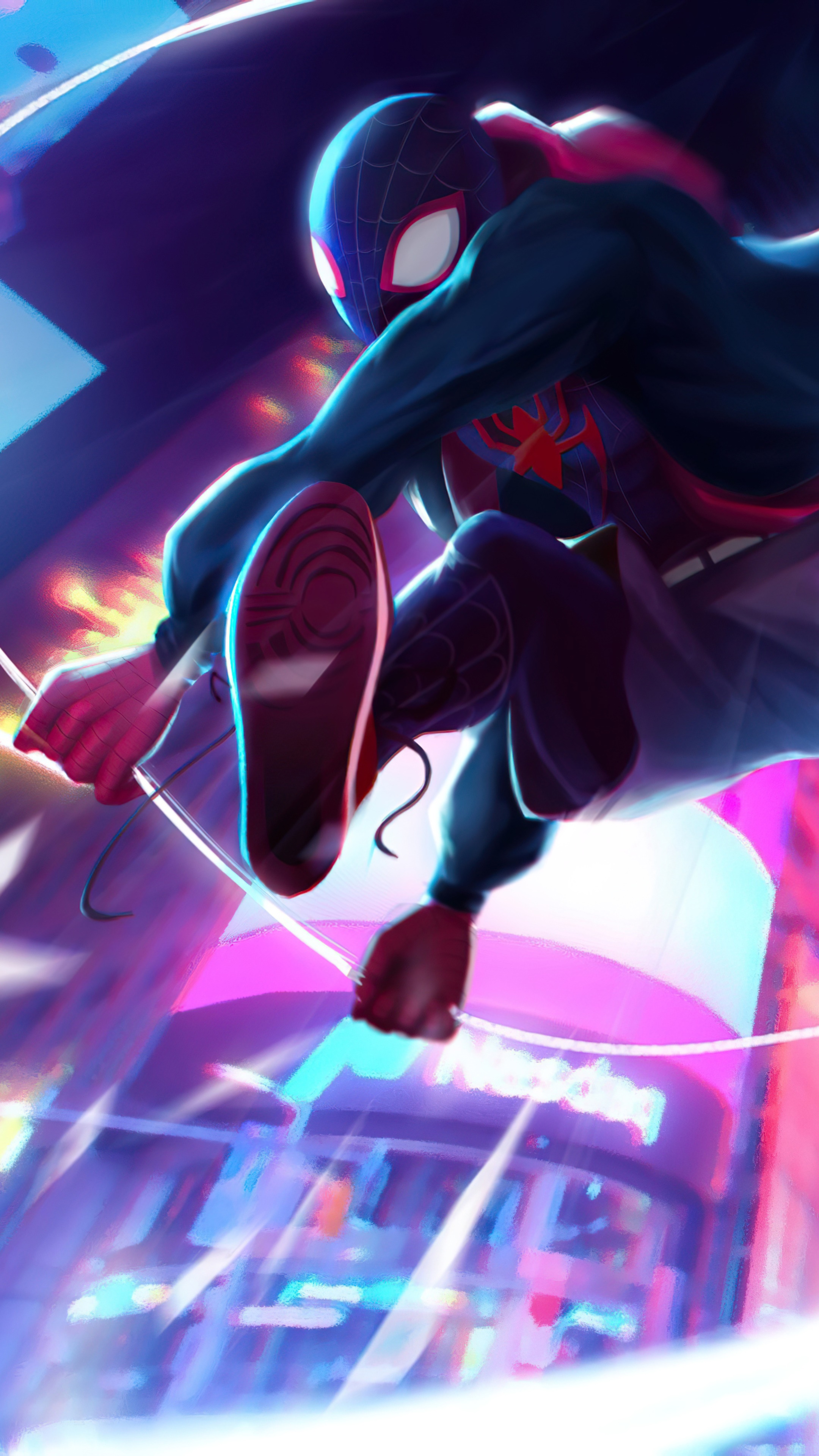 Miles Morales Spider-Man swinging in city HD Phone Wallpaper