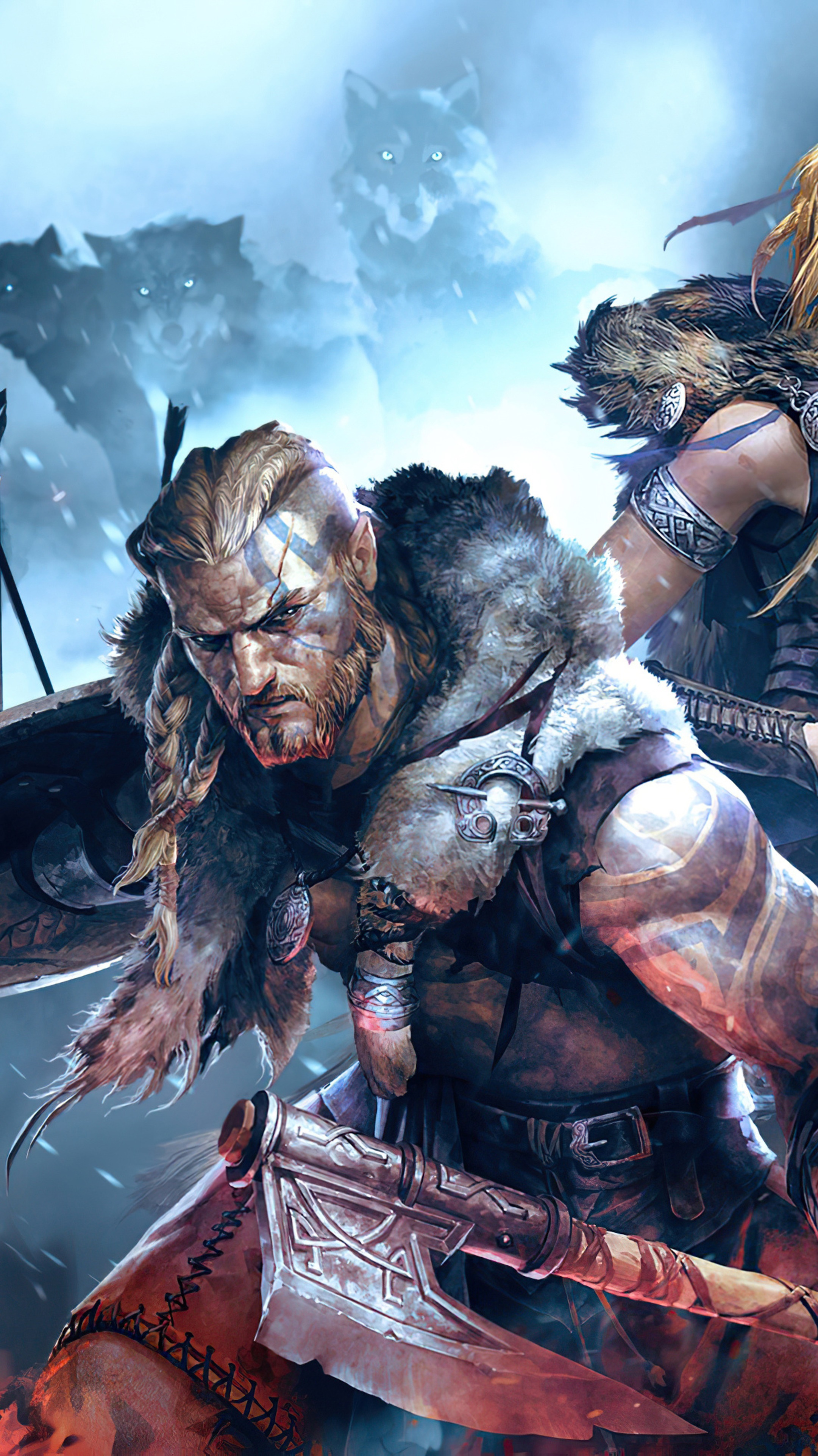 Warriors and wolves in a battle scene HD Phone Wallpaper