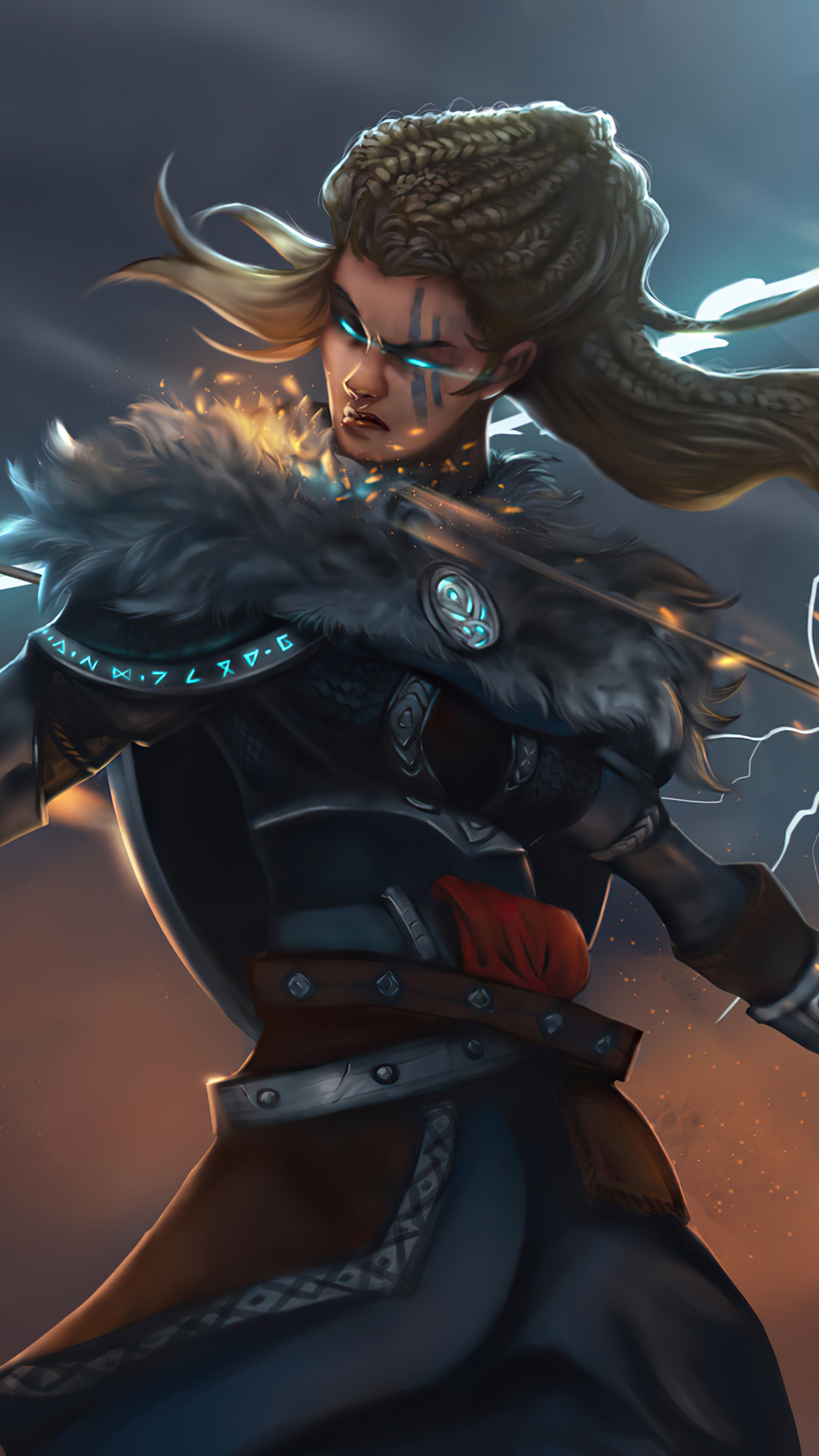 Female warrior with braided hair and glowing eyes HD Phone Wallpaper
