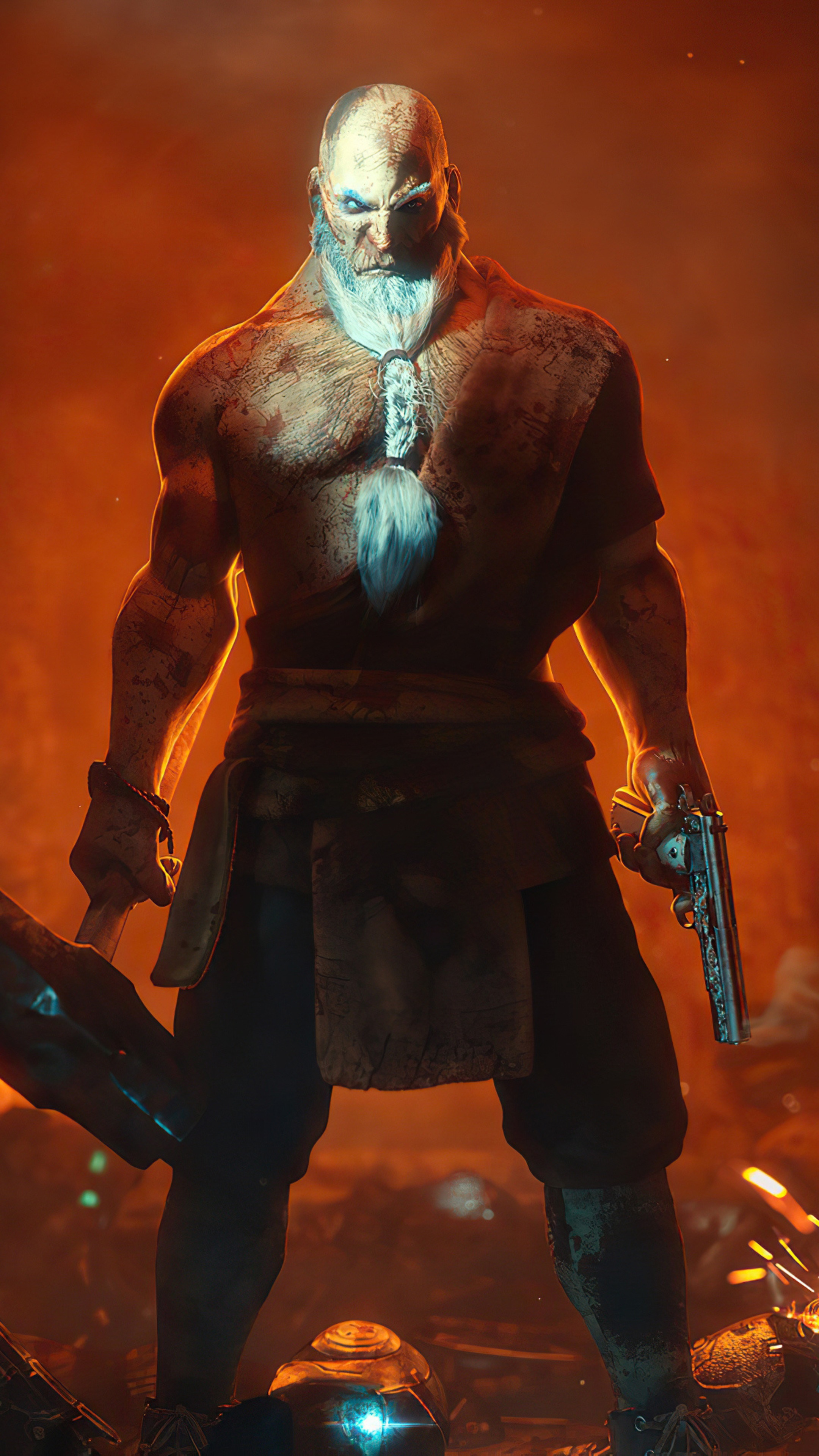 Viking warrior with beard holding gun and axe HD Phone Wallpaper